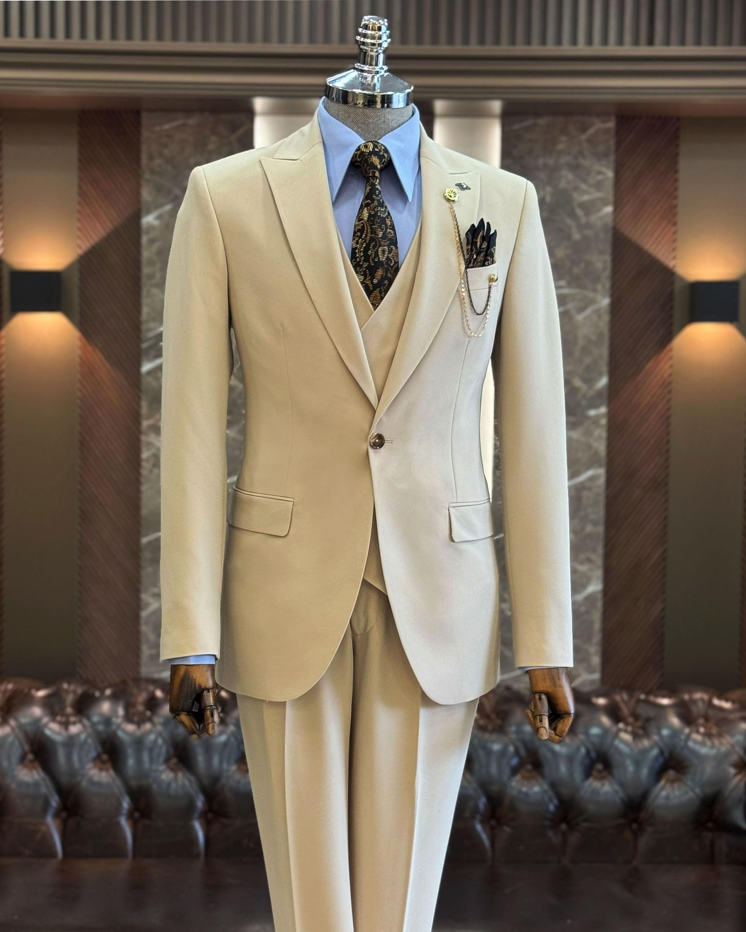 İtalyan stil ceket yelek pantolon takım elbise bej  T12007