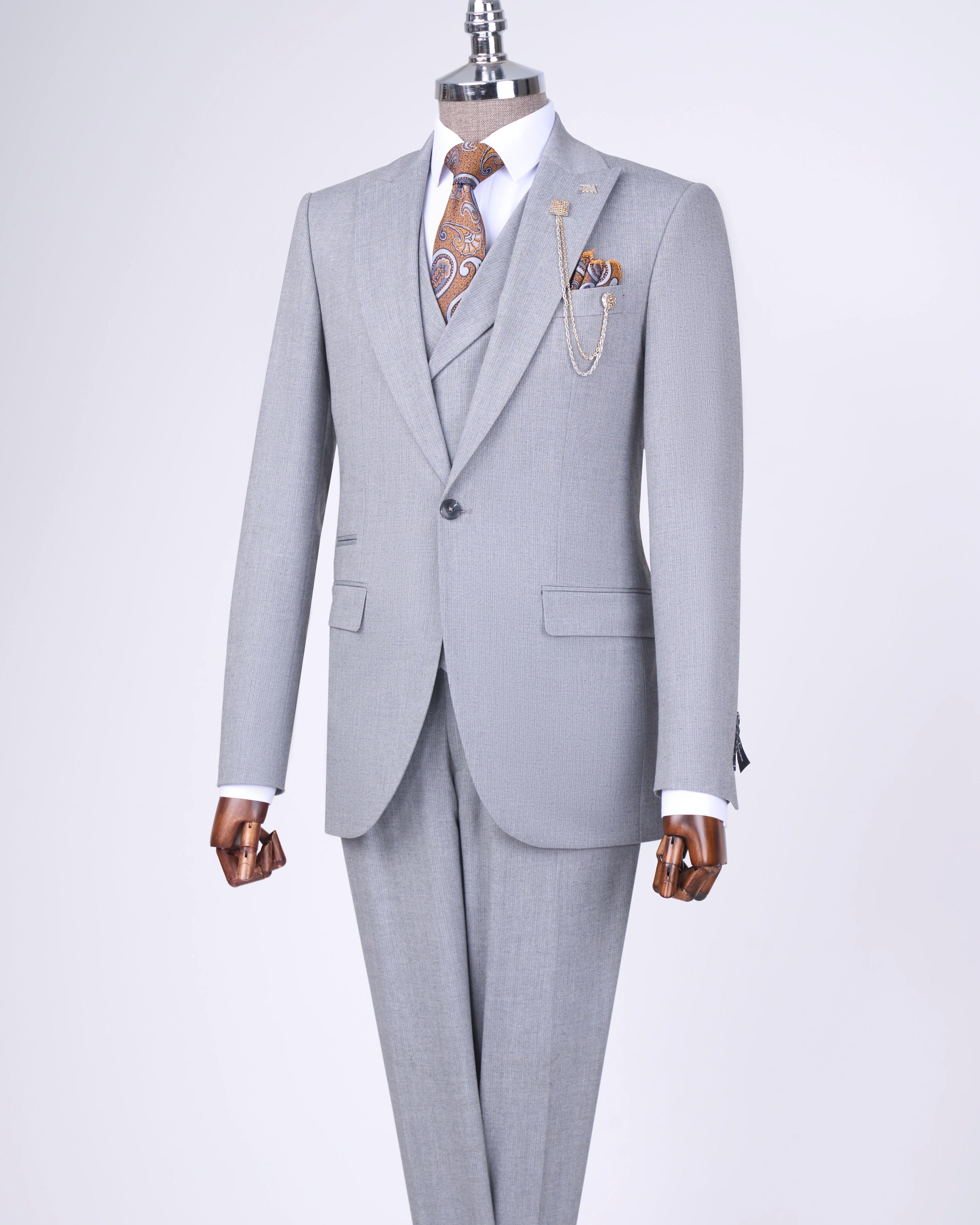 Italian style jacket vest trouser suit light gray T12817