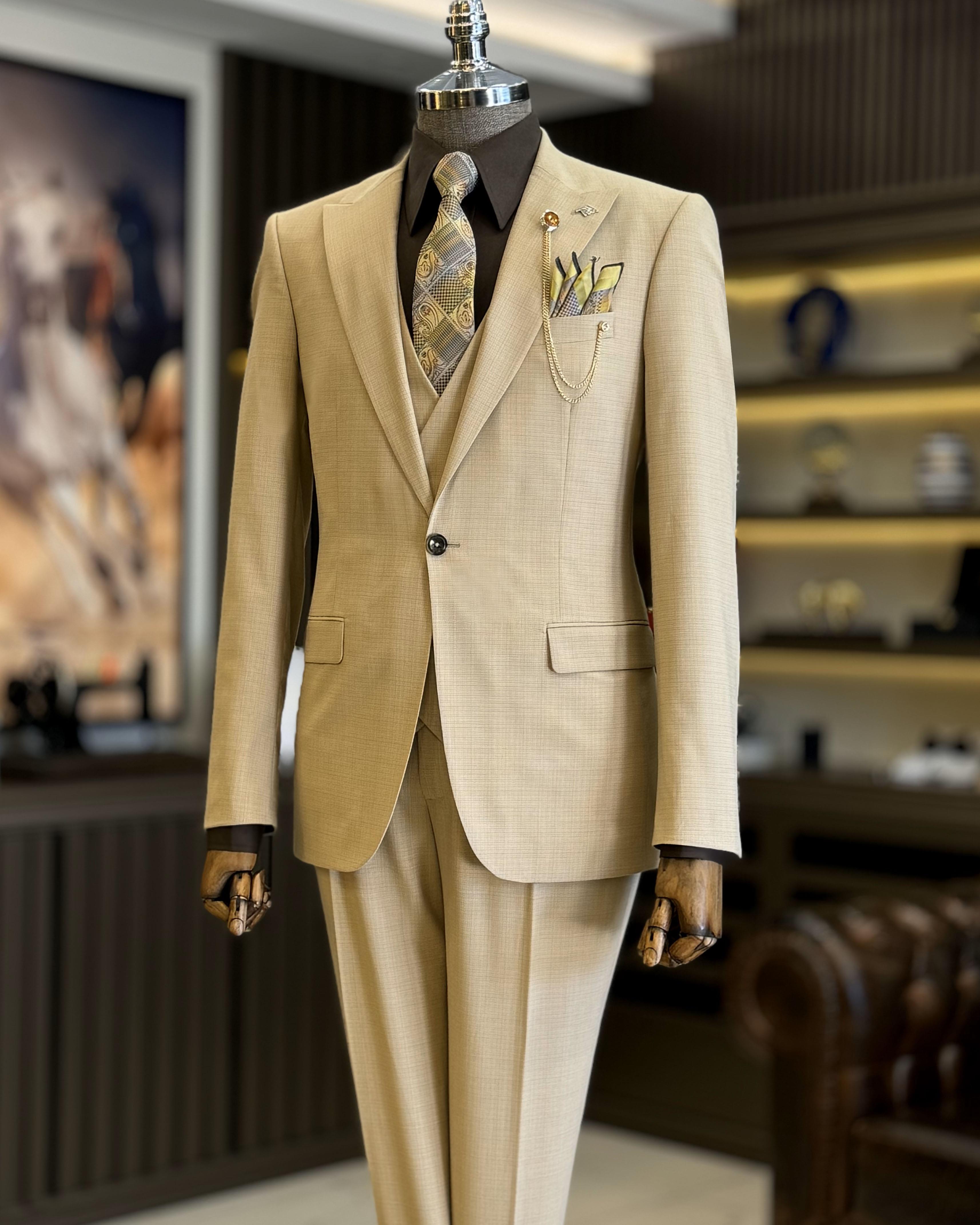 İtalyan stil ceket yelek pantolon takım elbise bej T12855