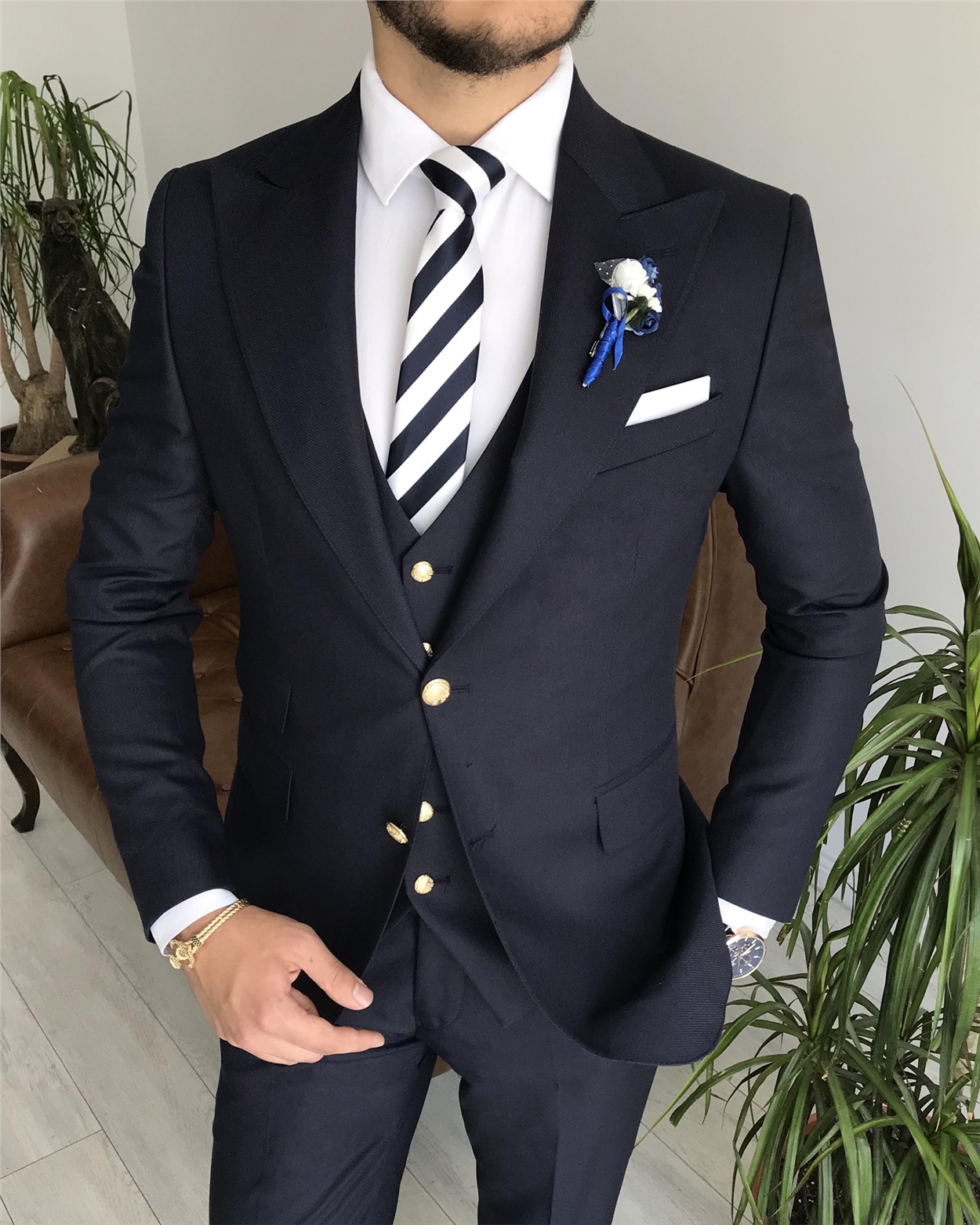 İtalyan stil ceket yelek pantolon takım elbise Lacivert T7666