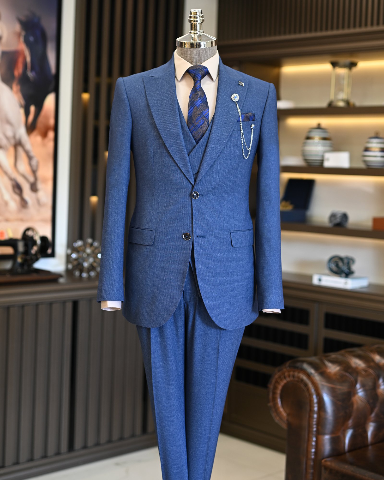 Italian style jacket vest pleated trouser suit blue T11321