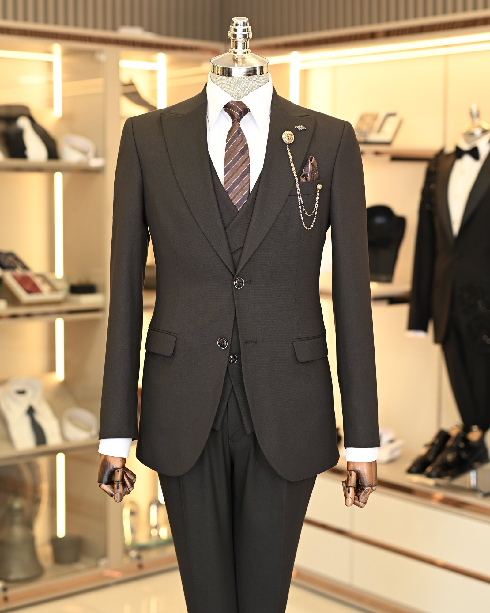 Italian style jacket vest pleated trouser suit brown T11314