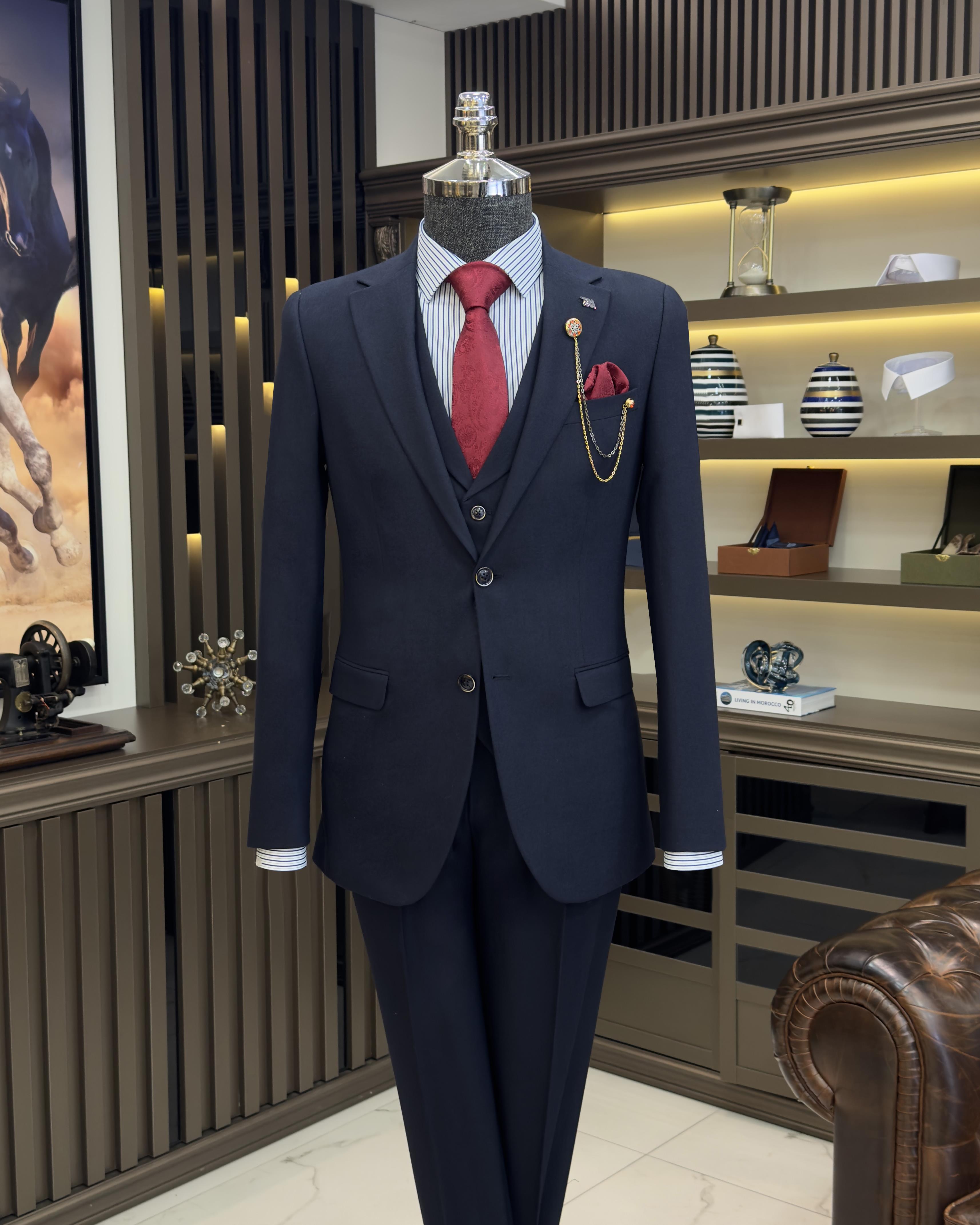 Italian style jacket vest pleated trouser suit navy blue T11300