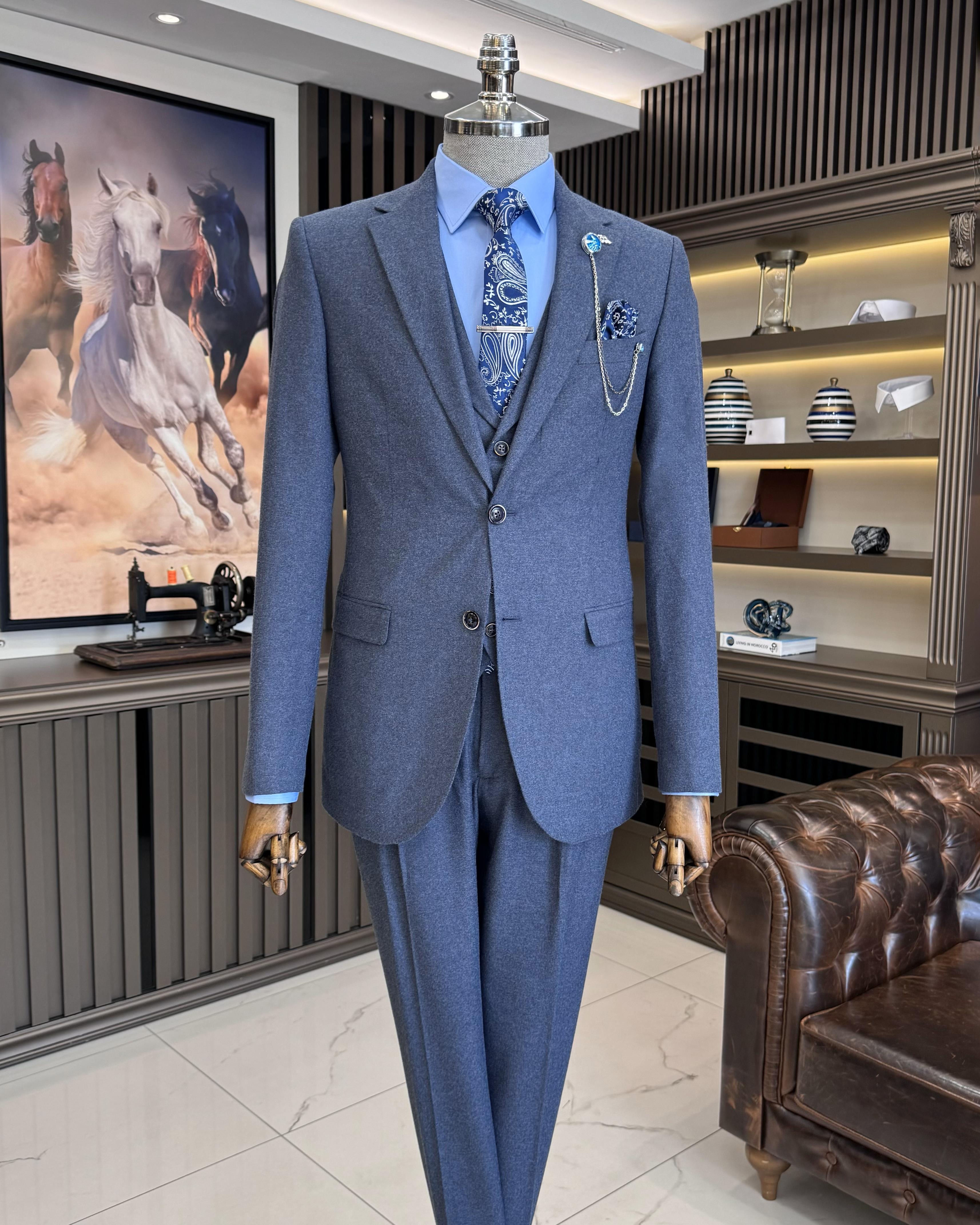 Italian style jacket vest pleated trouser suit blue T11331