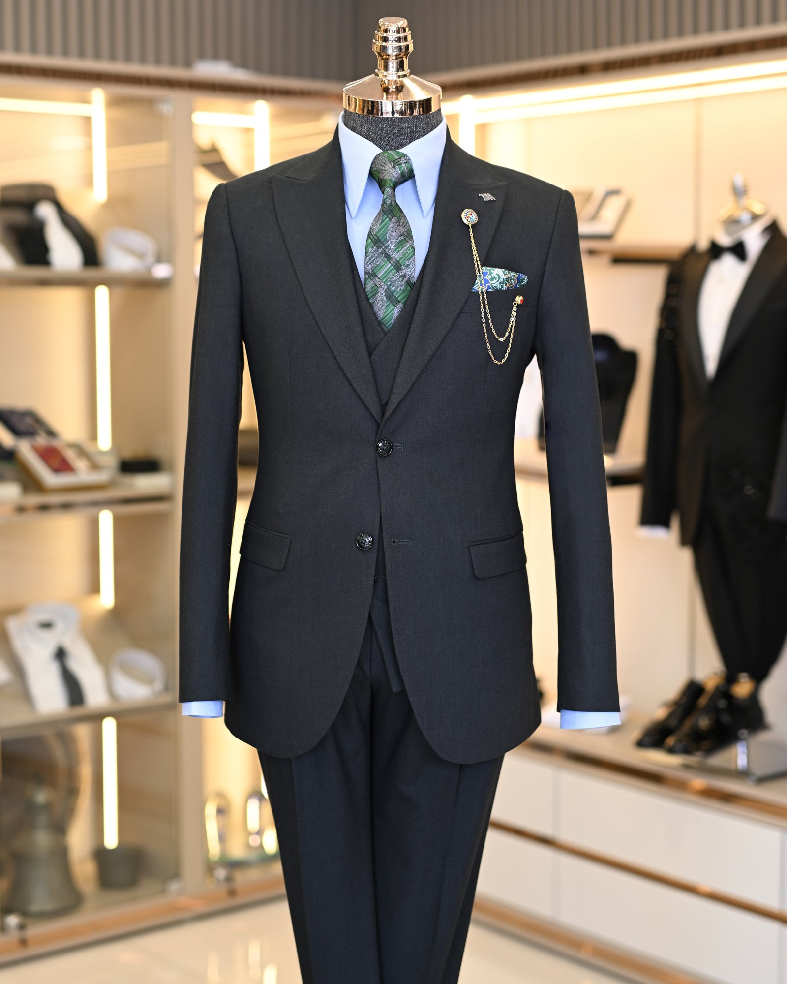 Italian style jacket vest pleated trouser suit green T11322
