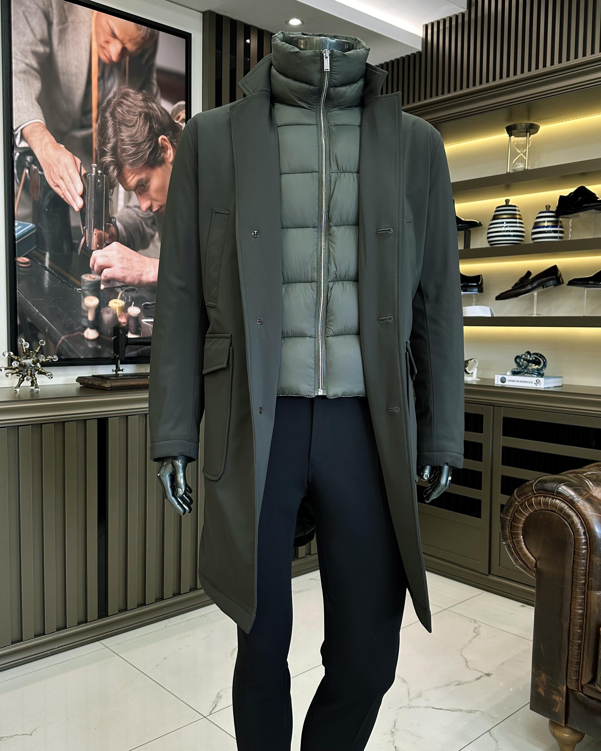  Italian style long trench coat with removable interior detail khaki T10490