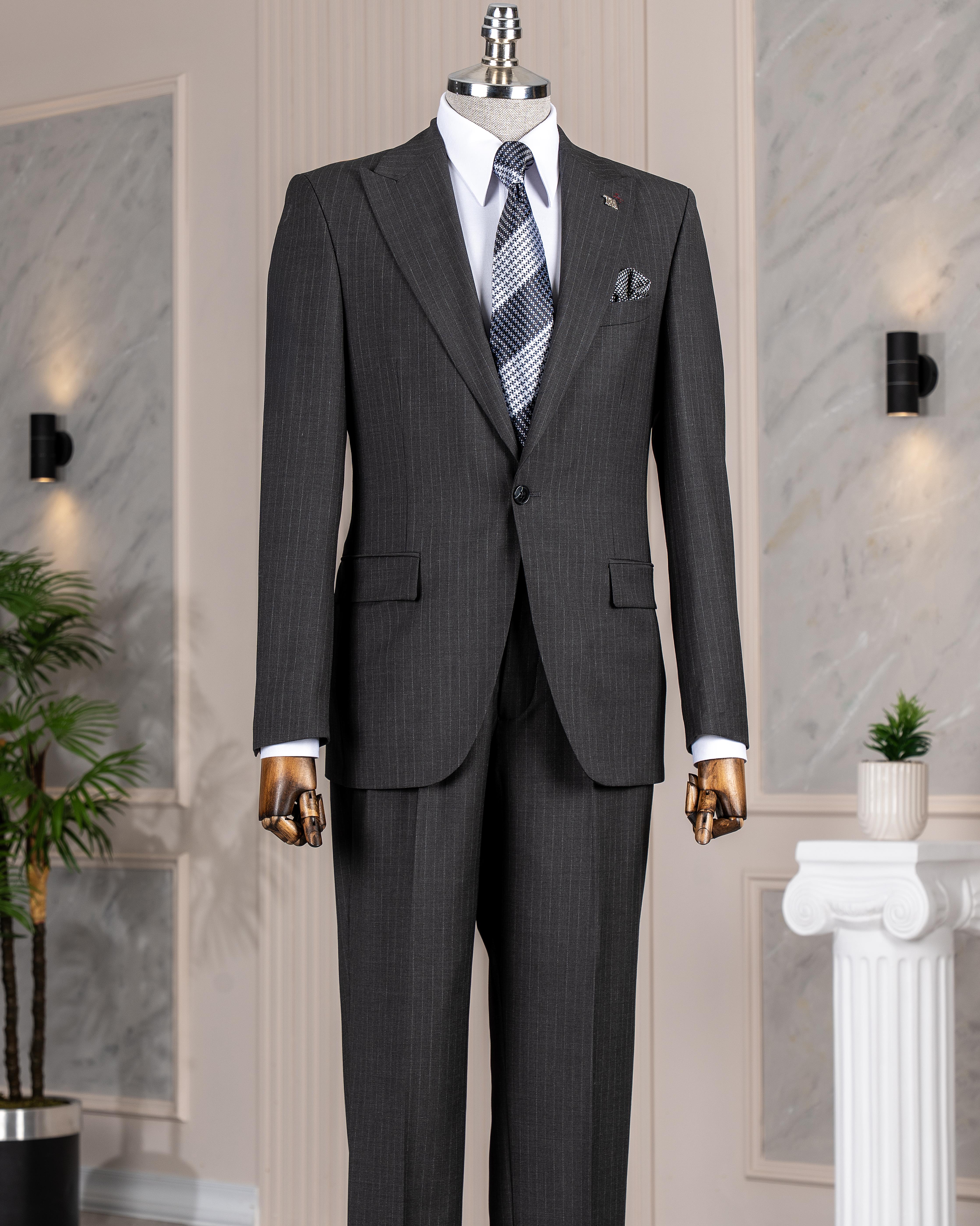İtalyan stil çizgili ceket pantolon takım elbise %88 yünlü antrasit T14149