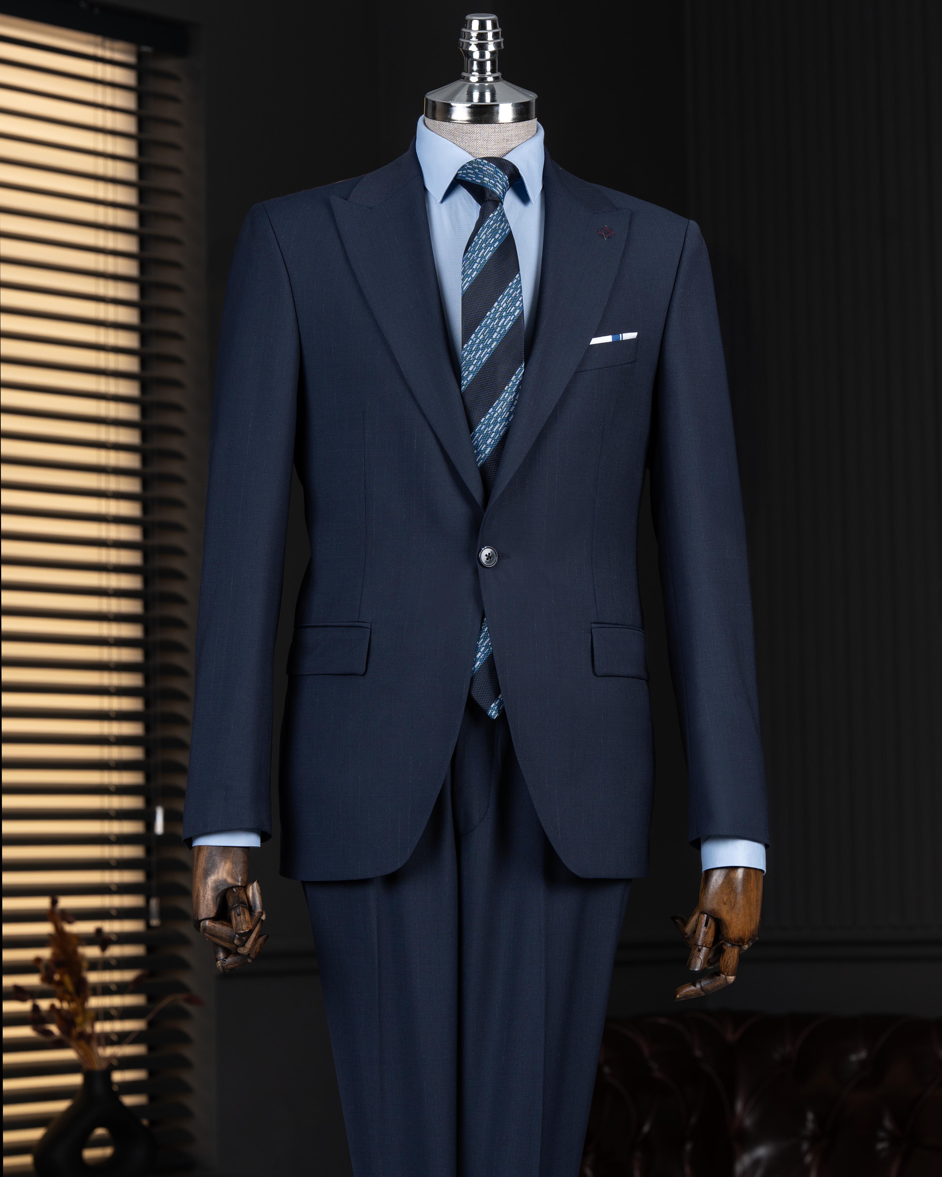 İtalyan stil çizgili ceket pantolon takım elbise %88 yünlü lacivert T14148