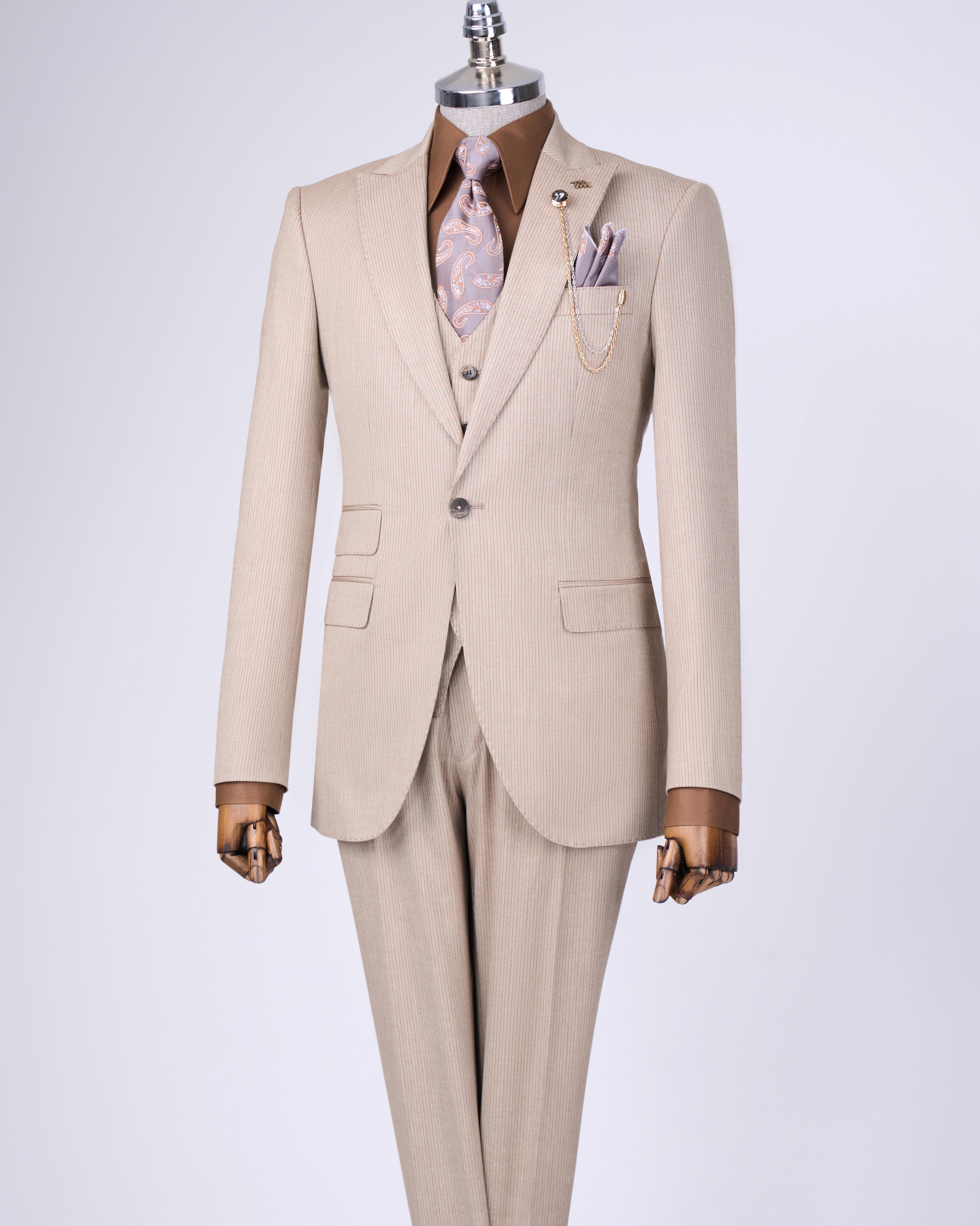 Italian style striped jacket vest trouser suit beige T10733