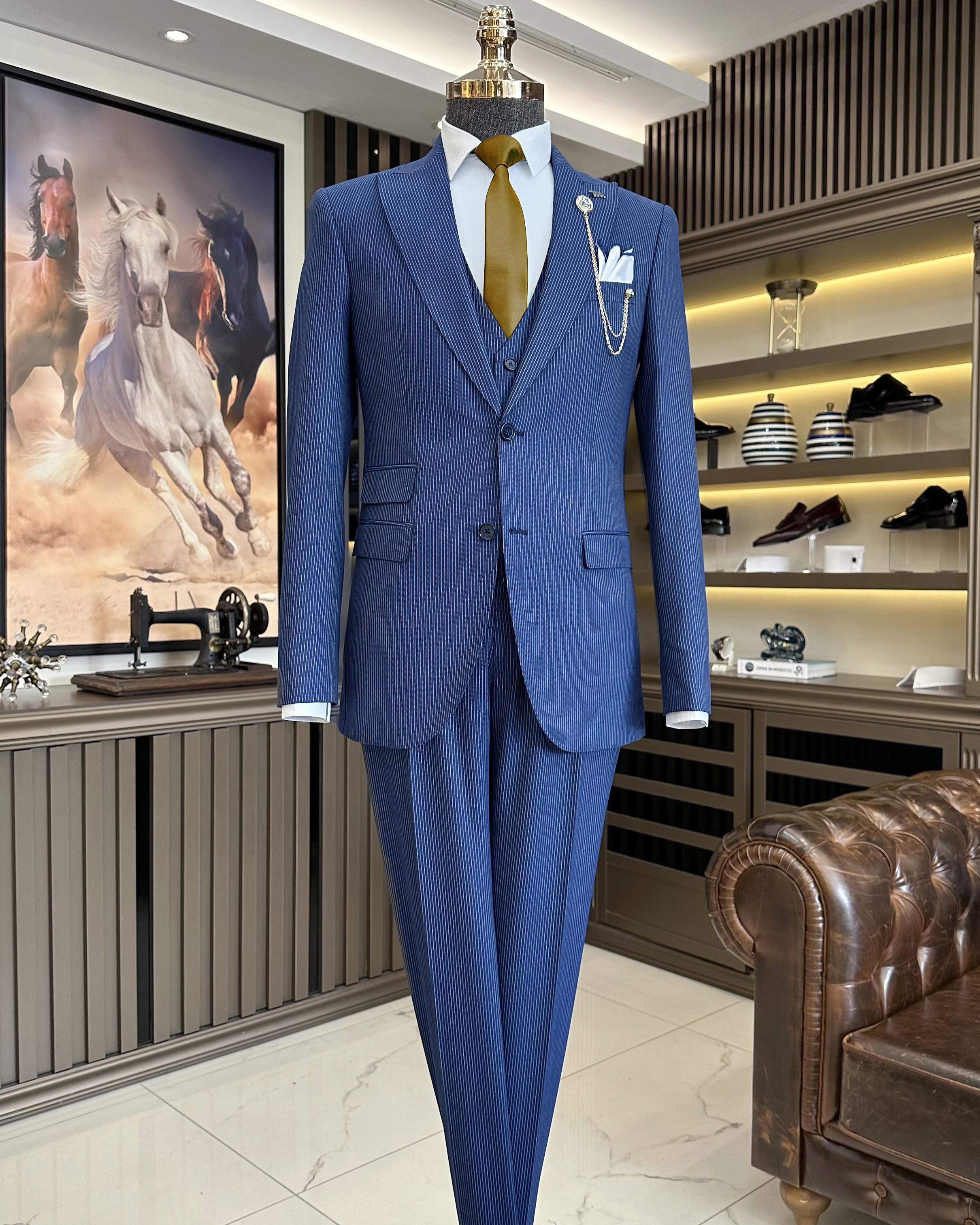 İtalyan stil çizgili ceket yelek pantolon takım elbise lacivert T10730