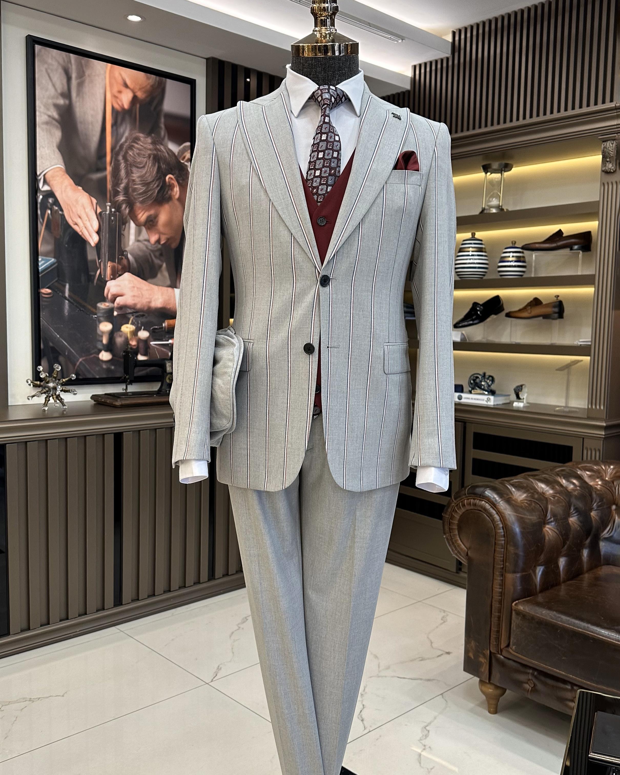 Italian style striped jacket vest trousers hat combination suit gray T10479