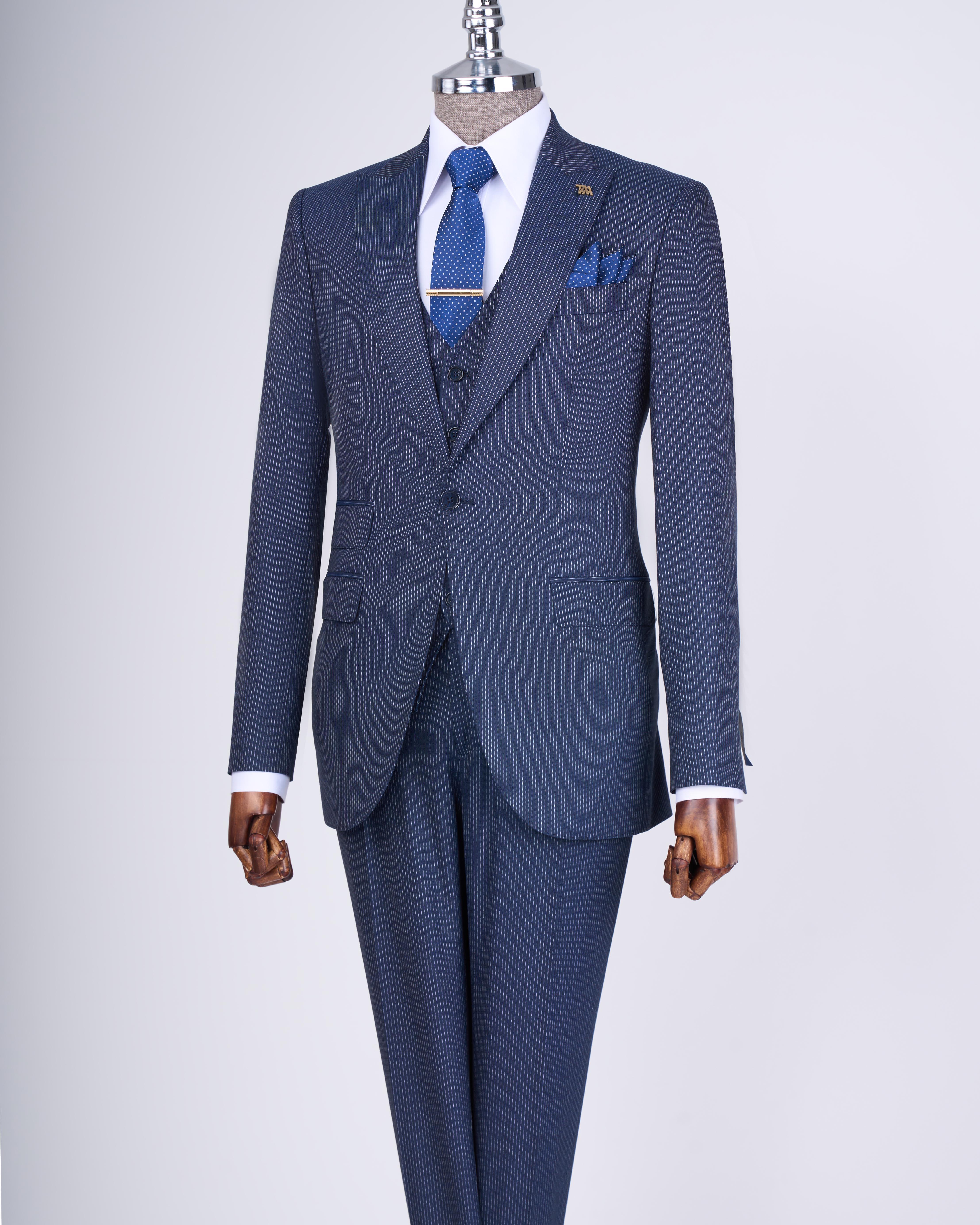 Italian style striped jacket vest trouser suit navy blue T10731