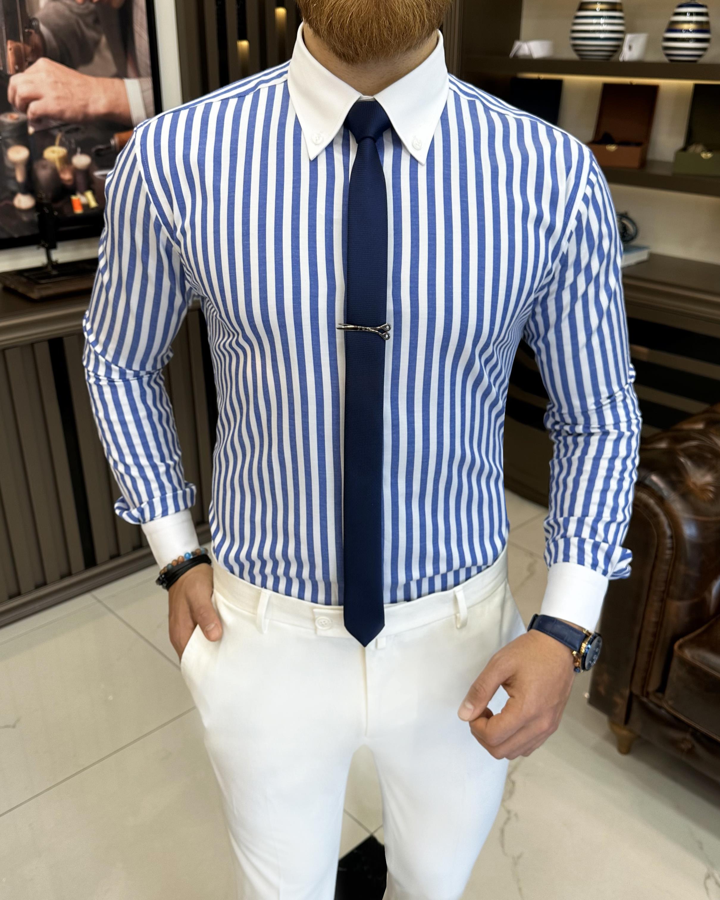 Italian style striped button collar lycra men's shirt sax T11146