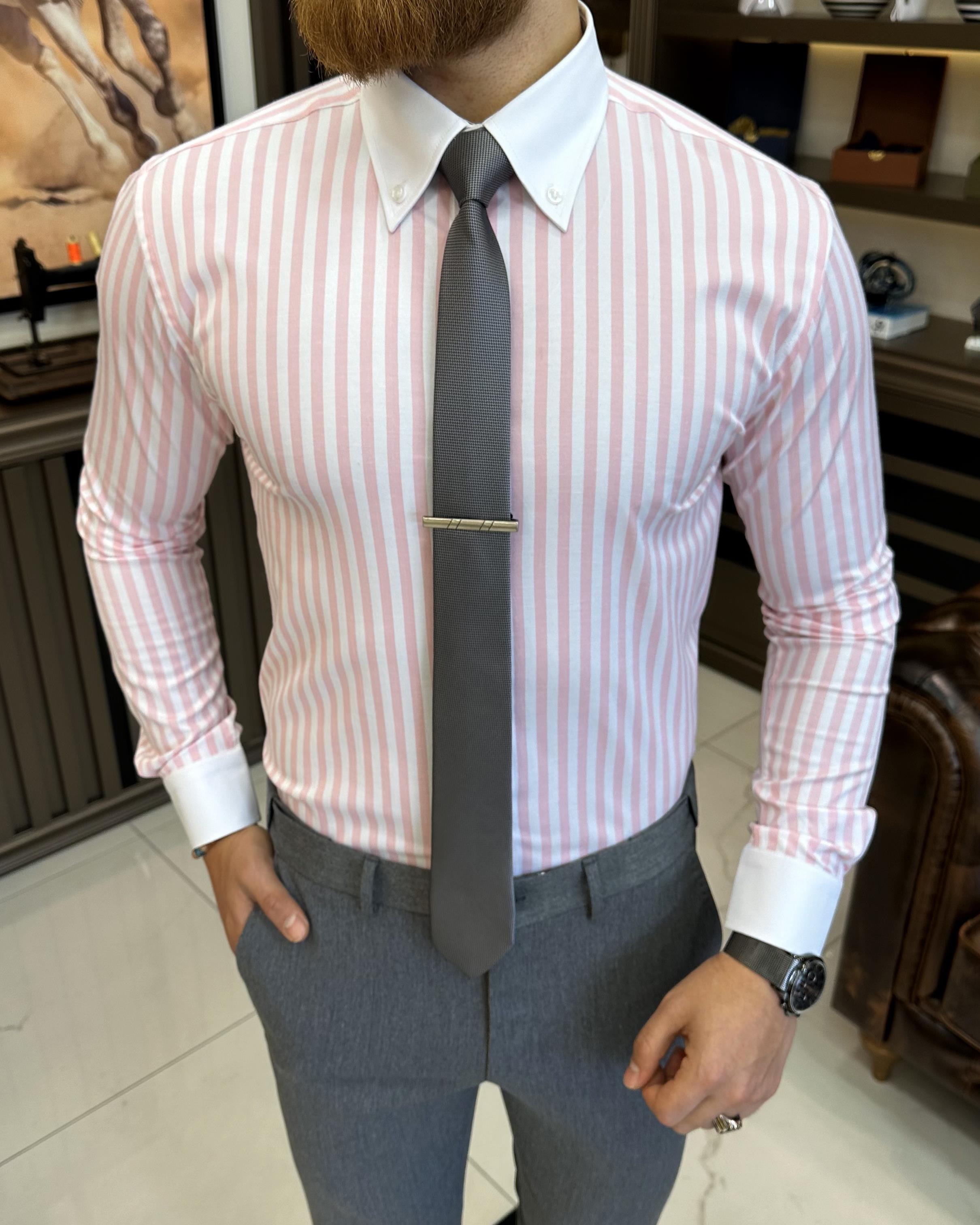 Italian style striped button collar lycra men's shirt pink T11144