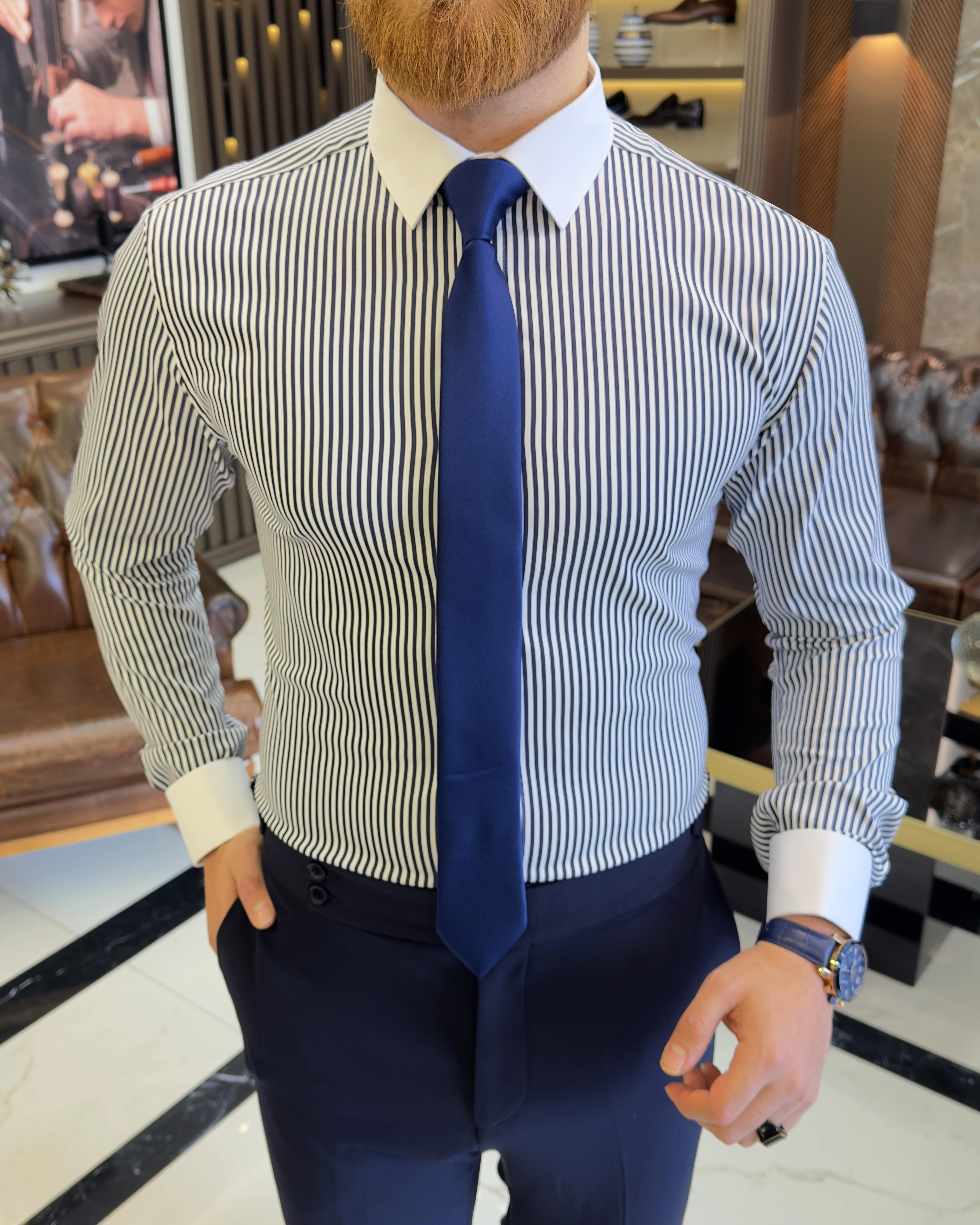 Italian style striped tie collar double cuff men's shirt navy blue T11232