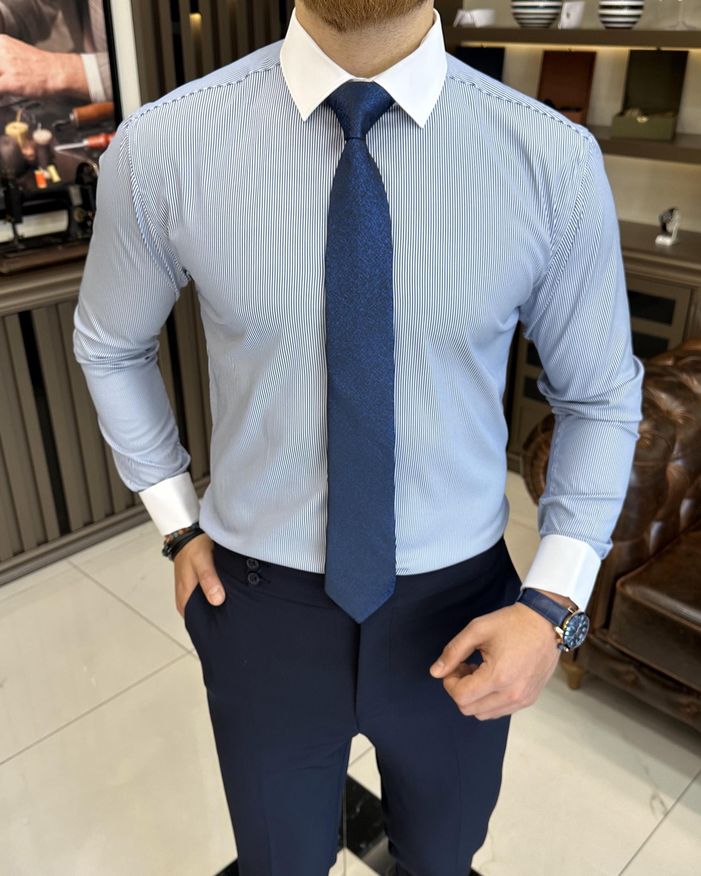 Italian style striped tie collar double cuff men's shirt saks T11243