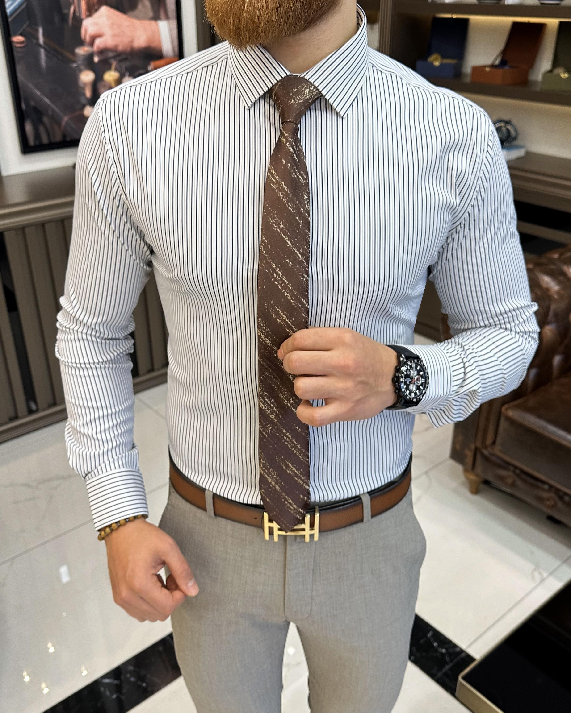 Italian style striped tie collar men's shirt navy blue T11251