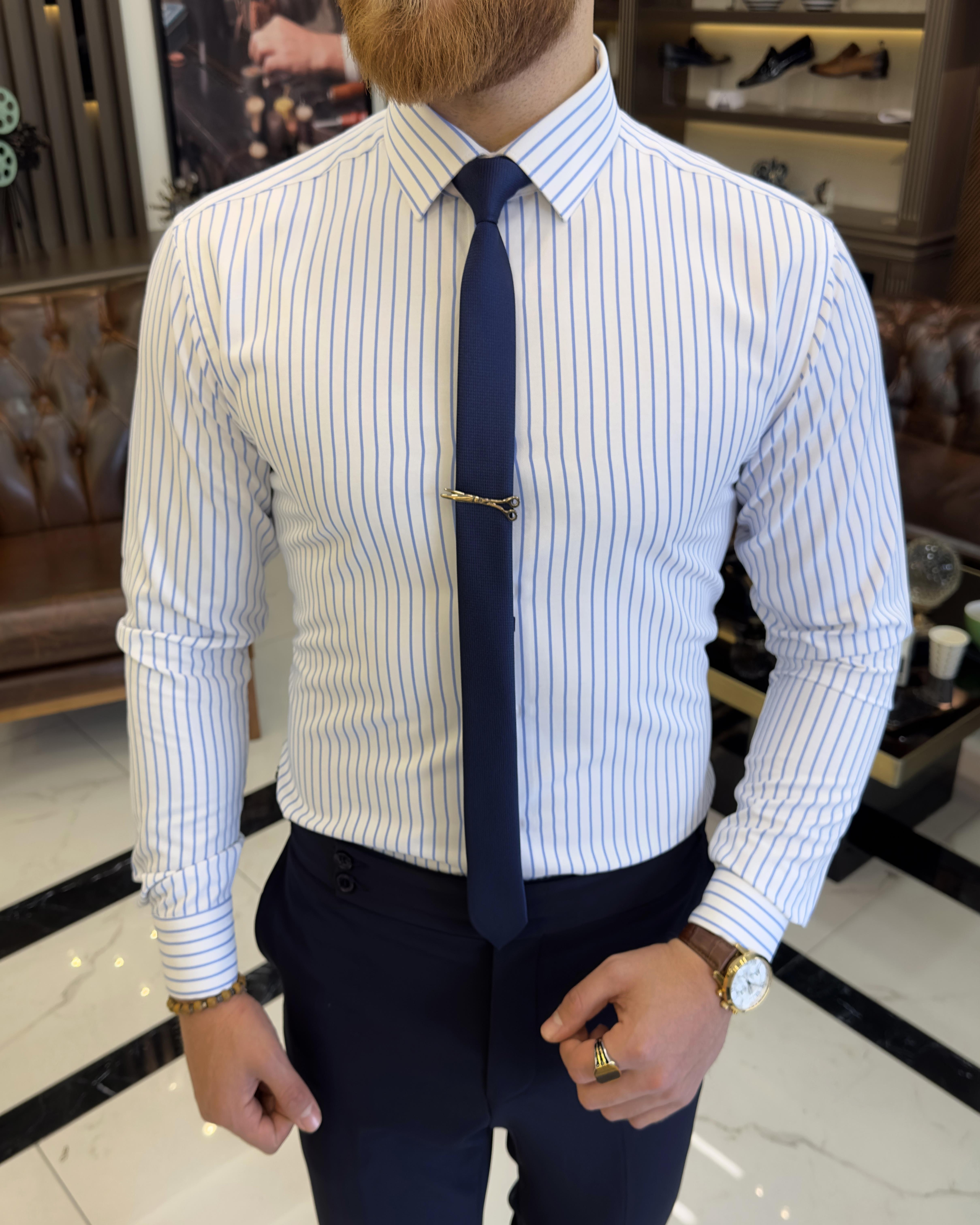 Italian style striped tie collar cotton men's shirt saks T11188
