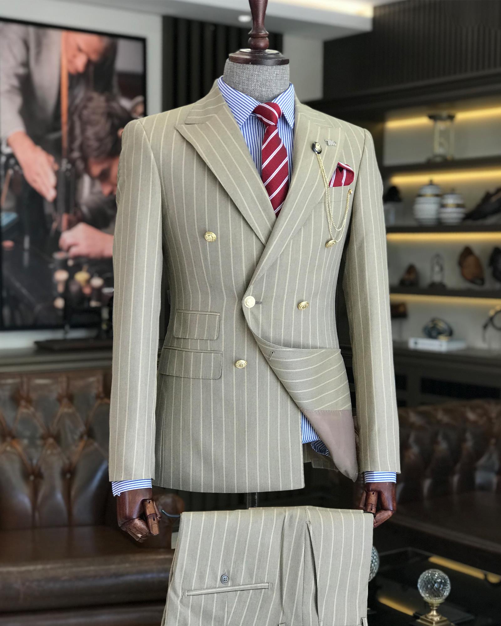 Italian Style Striped Double Breasted Jacket Pants Suit Suit Beige T8377