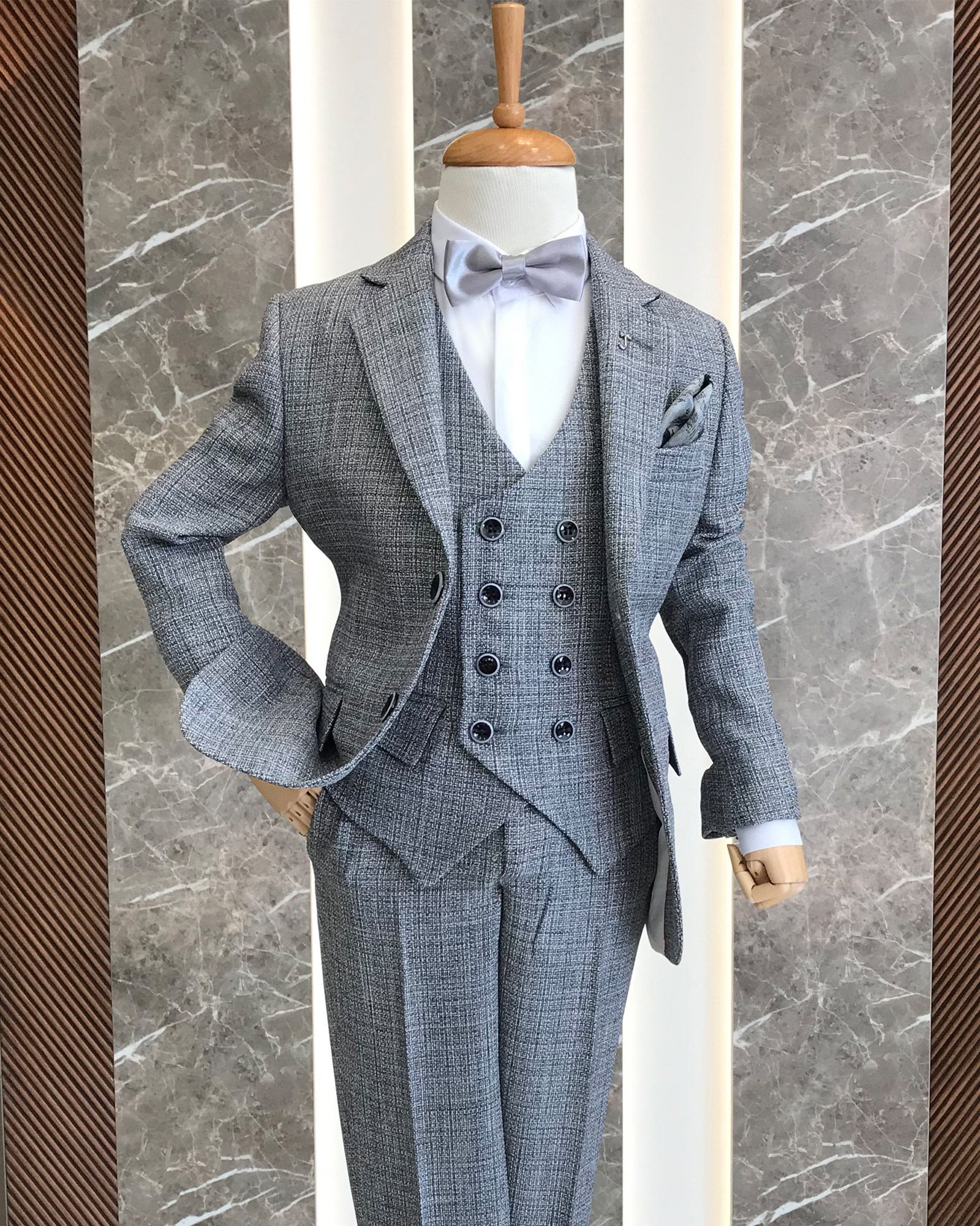 İtalyan stil çocuk sivri yaka ceket yelek pantolon Siyah T8947