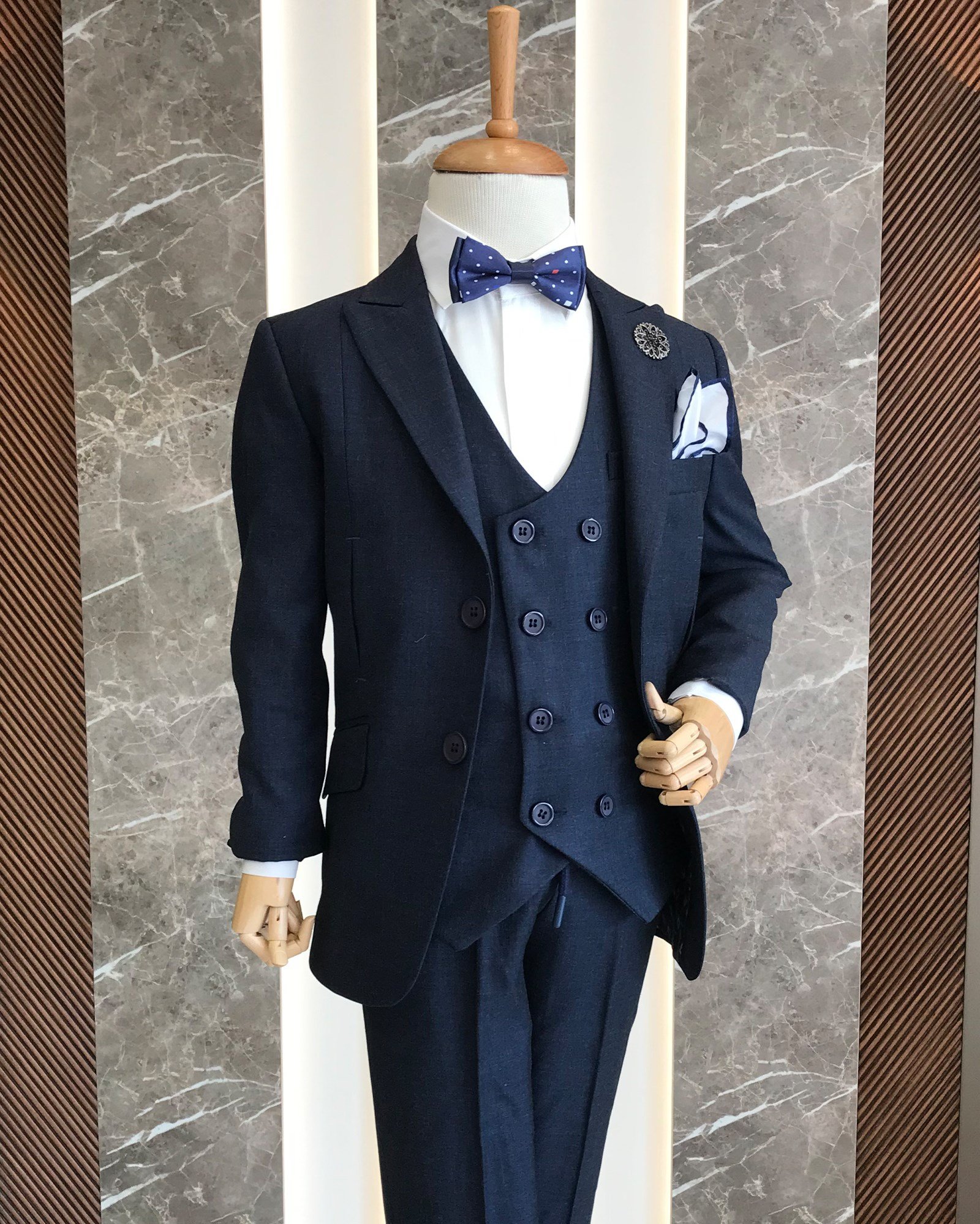 İtalyan stil çocuk sivri yaka ceket yelek pantolon Lacivert T8951