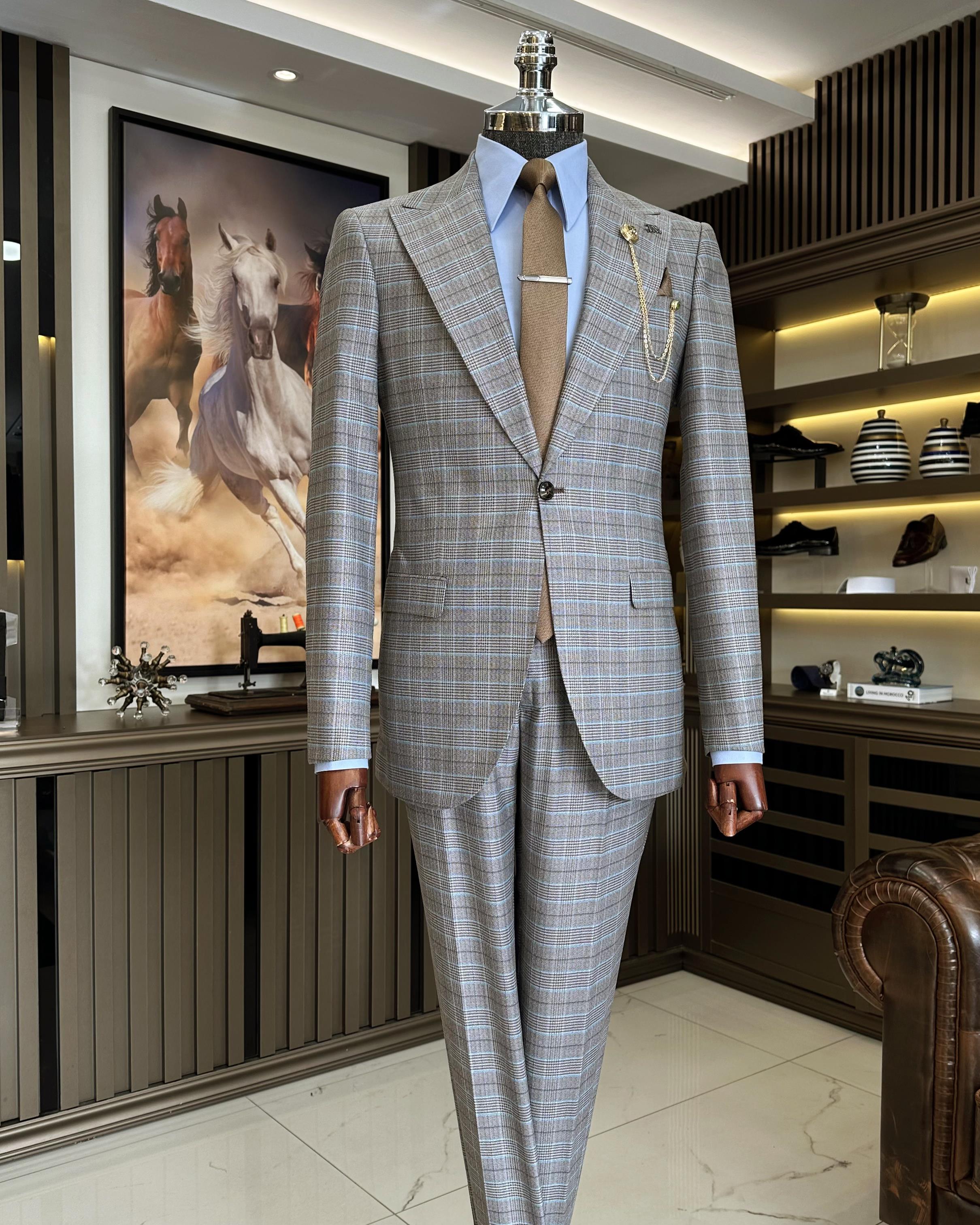 İtalyan stil ekose ceket pantolon takım elbise turuncu T10724