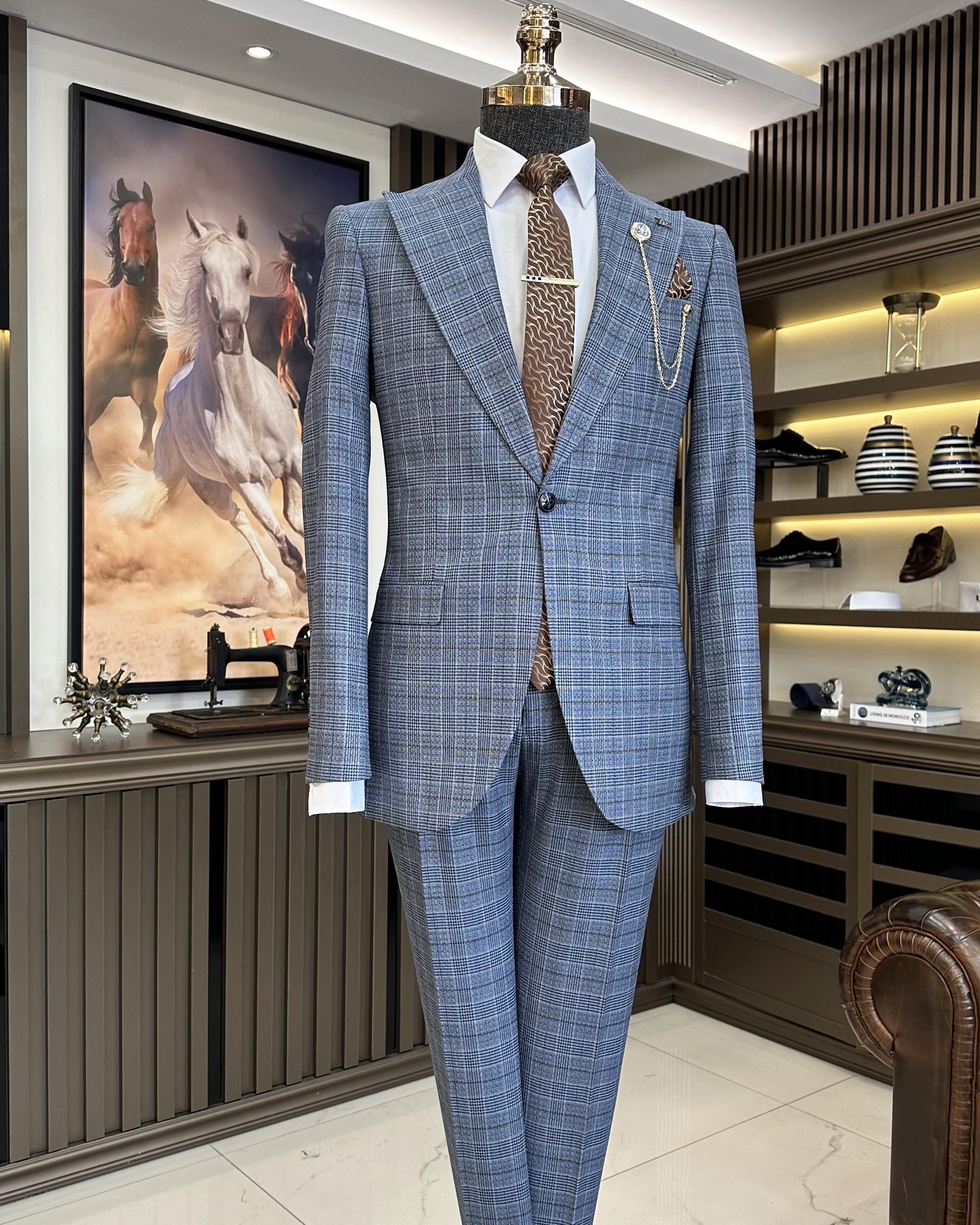 İtalyan stil ekose ceket pantolon takım elbise mavi T10723