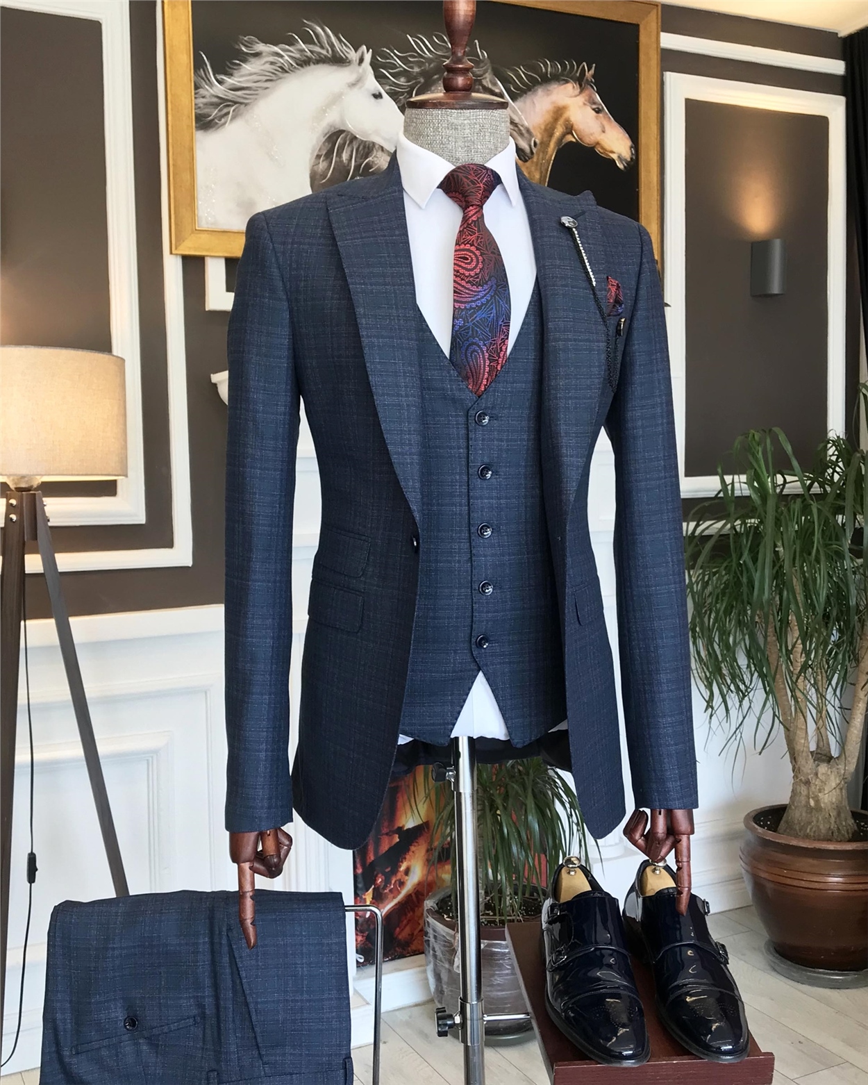 İtalyan stil ekose ceket yelek pantolon takım elbise lacivert T6995