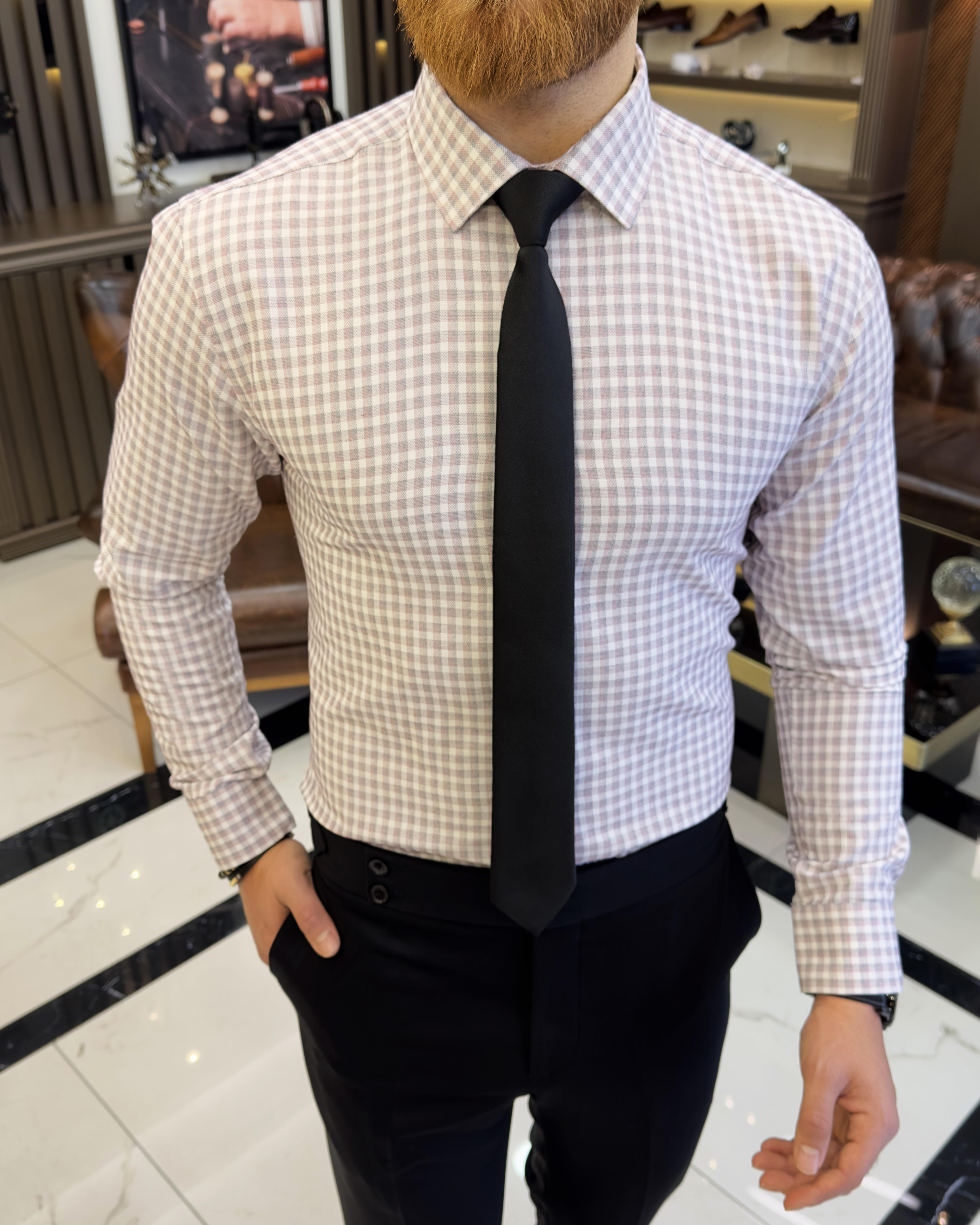 İtalyan stil ekose kravat yaka pamuk erkek gömlek bordo T11180