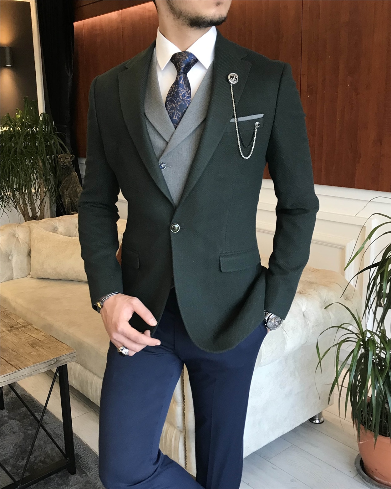 İtalyan stil erkek ceket yelek kombin yeşil T6759