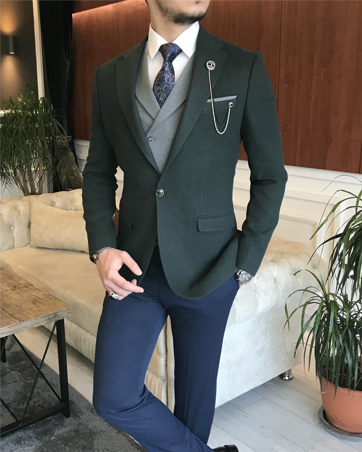 Italian Style Men's Jacket Vest Pants Combine Green T6759