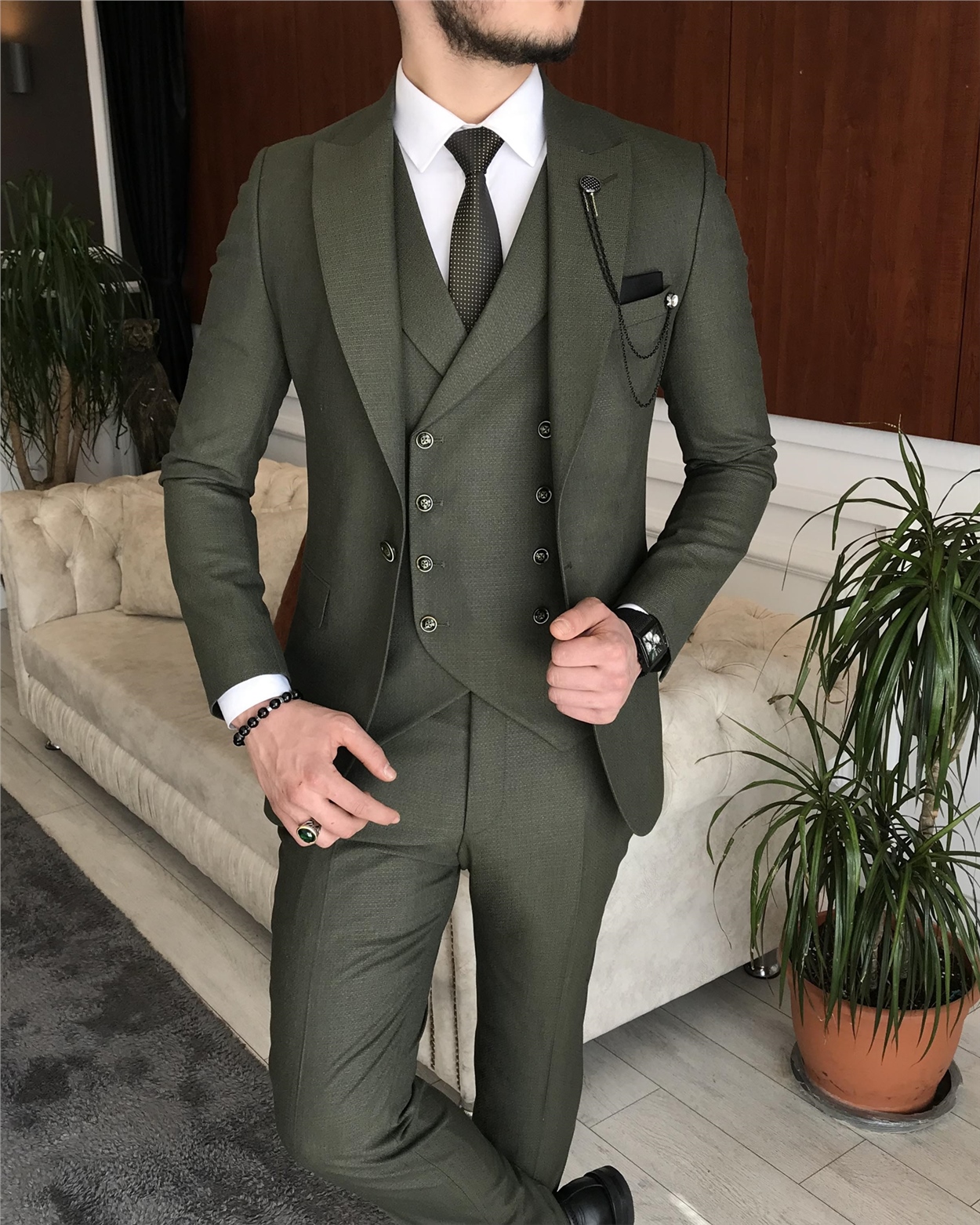 İtalyan stil erkek ceket yelek pantolon takım elbise yeşil T7071