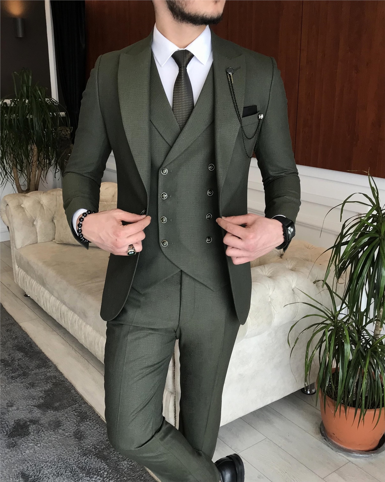 İtalyan stil erkek ceket yelek pantolon takım elbise yeşil T7071
