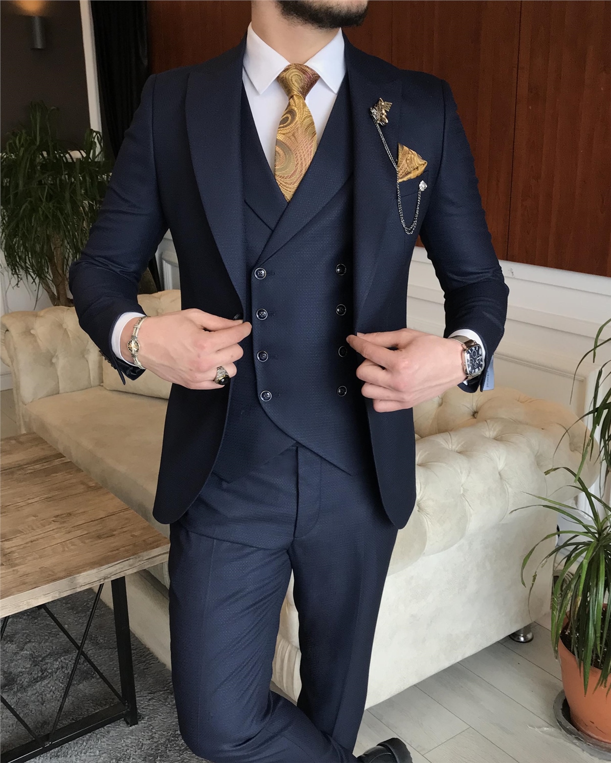 İtalyan stil erkek ceket yelek pantolon takım elbise lacivert T7070