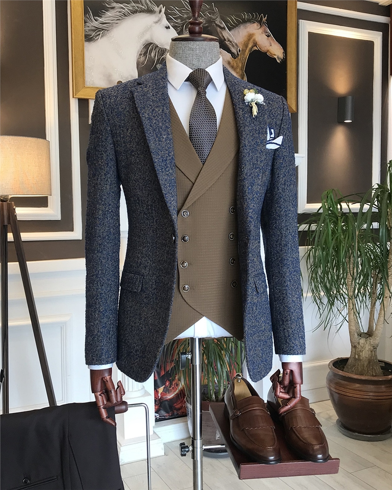 Italian Style Men's Jacket Vest Trousers Suit Brown T6329