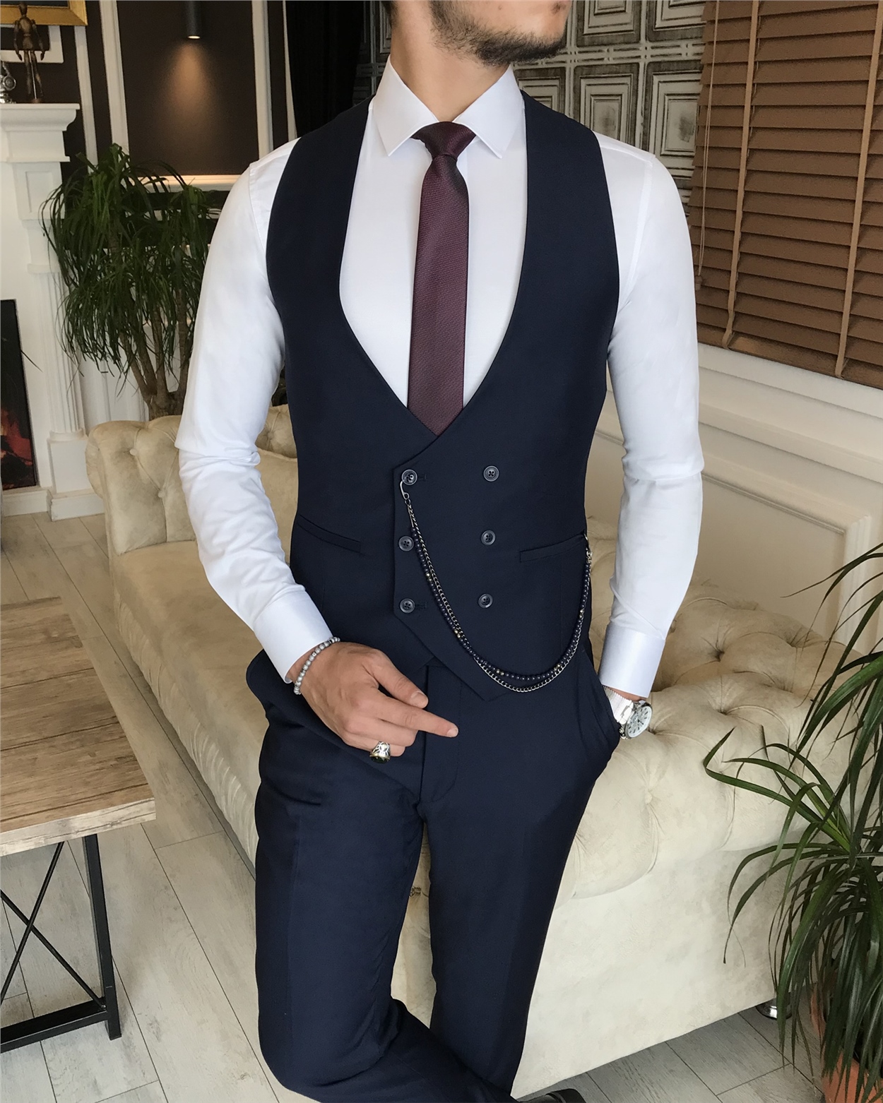 İtalyan stil erkek ceket yelek pantolon takım elbise Lacivert T6097