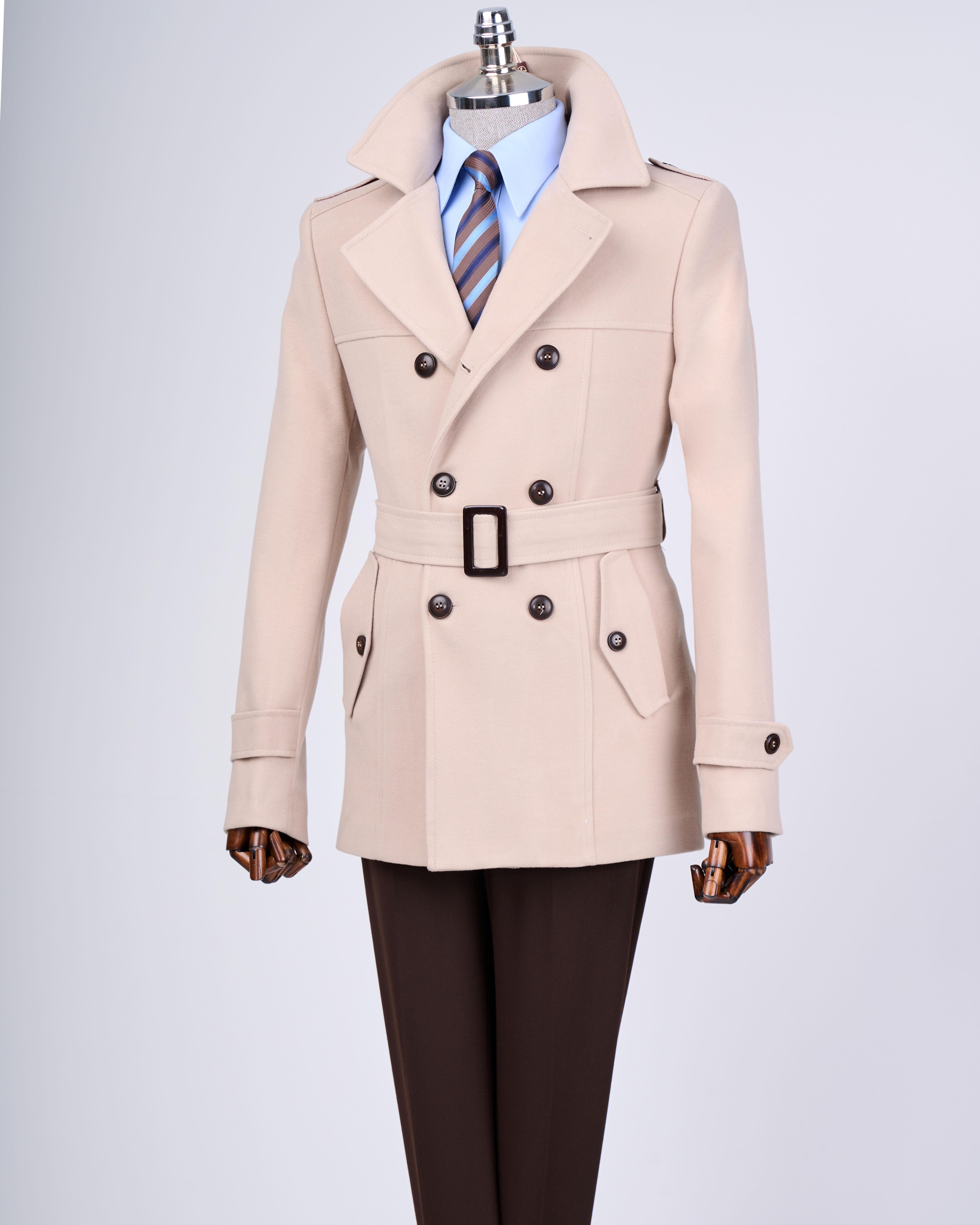 İtalyan stil erkek kısa kaşe trençkot mont kaban bej T13324