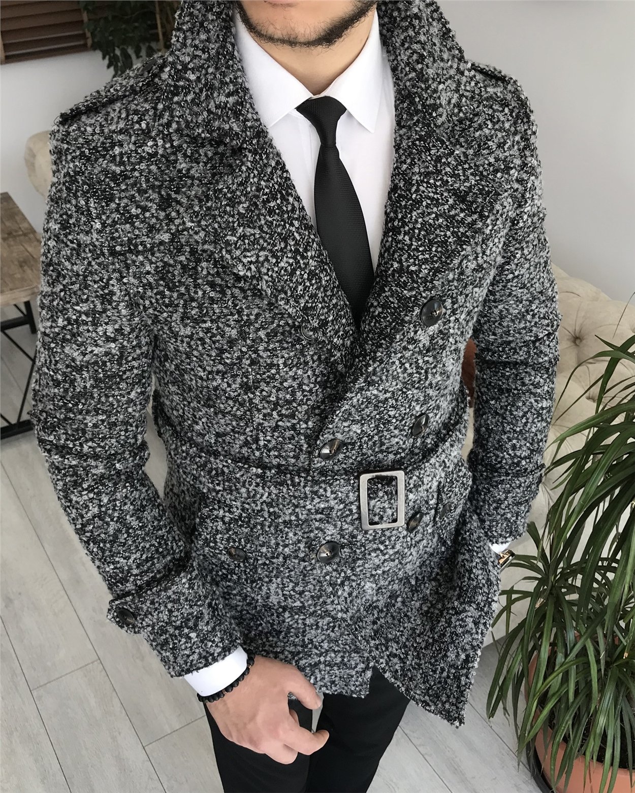 İtalyan stil erkek kısa kaşe trençkot mont kaban Antrasit T6966