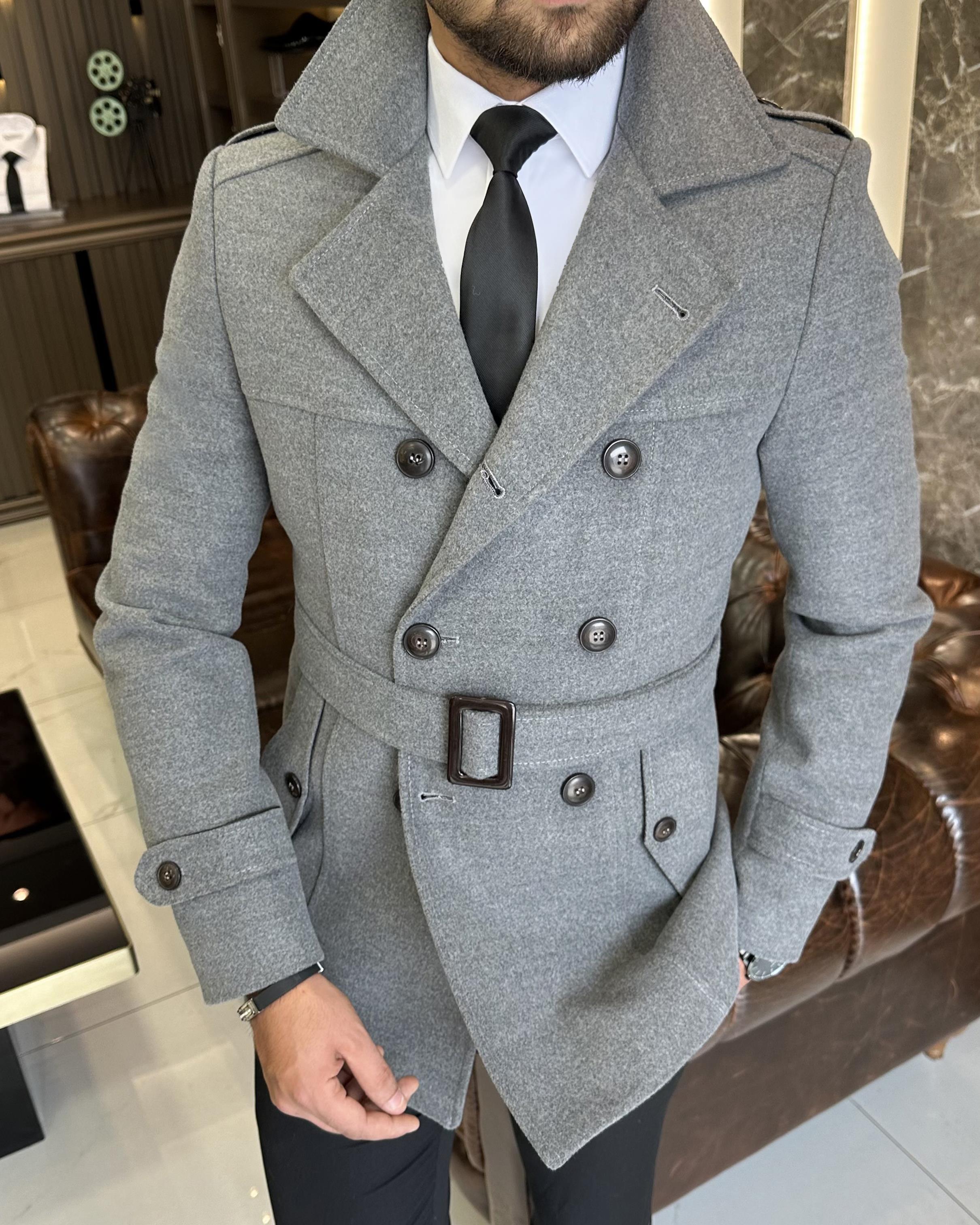 Italian style men's short cashmere trench coat jacket grey T10074