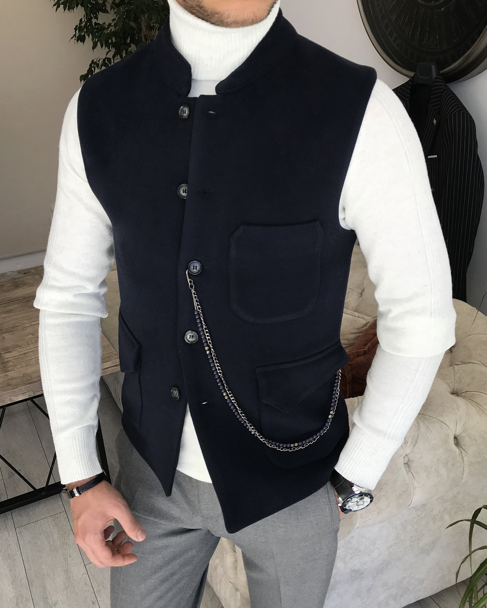 İtalyan stil erkek kışlık hakim yaka lacivert cepken yelek T6410
