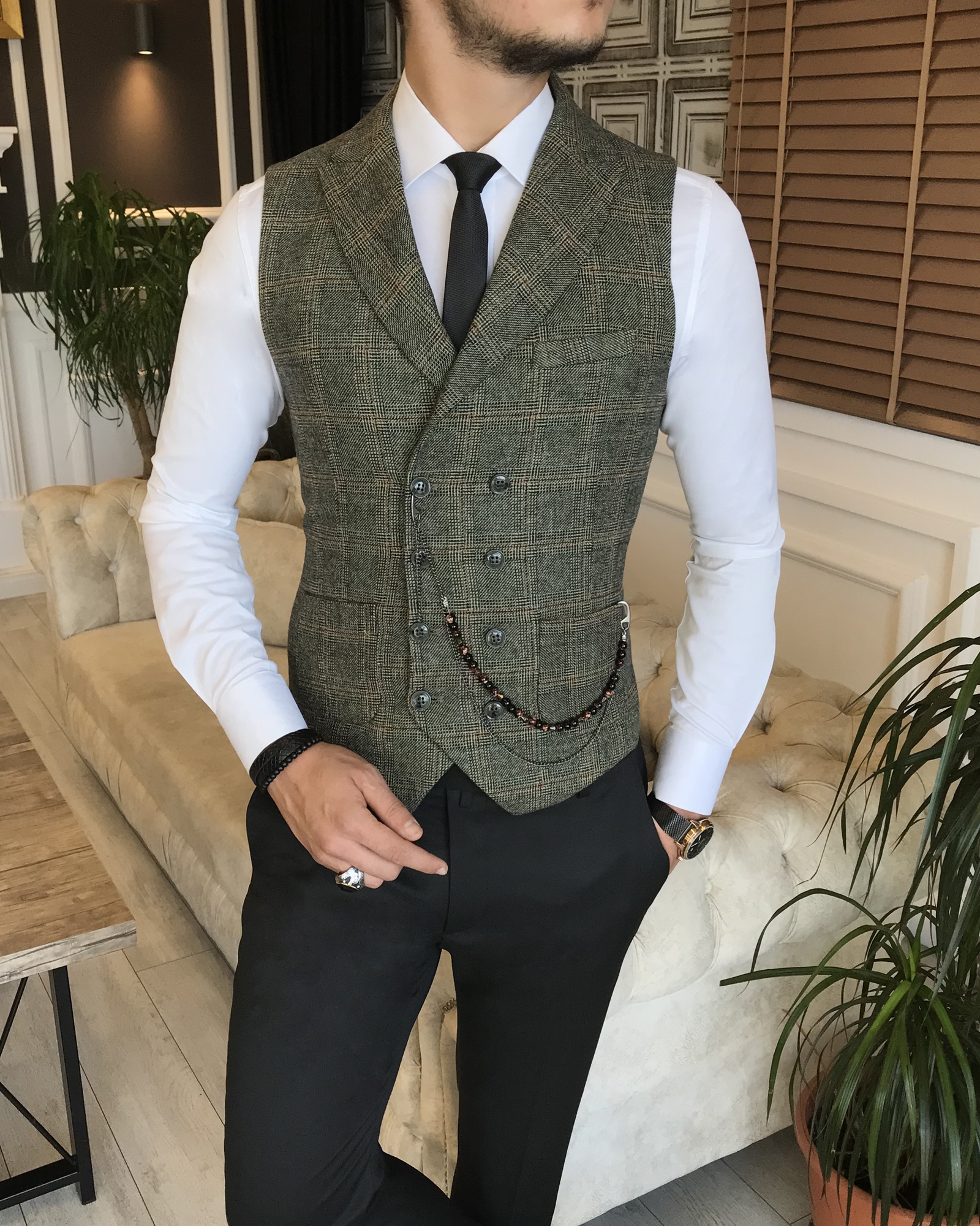 デコレーゼ İtalyan stil erkek kışlık kruvaze kaşe cepken yelek yeşil T6382