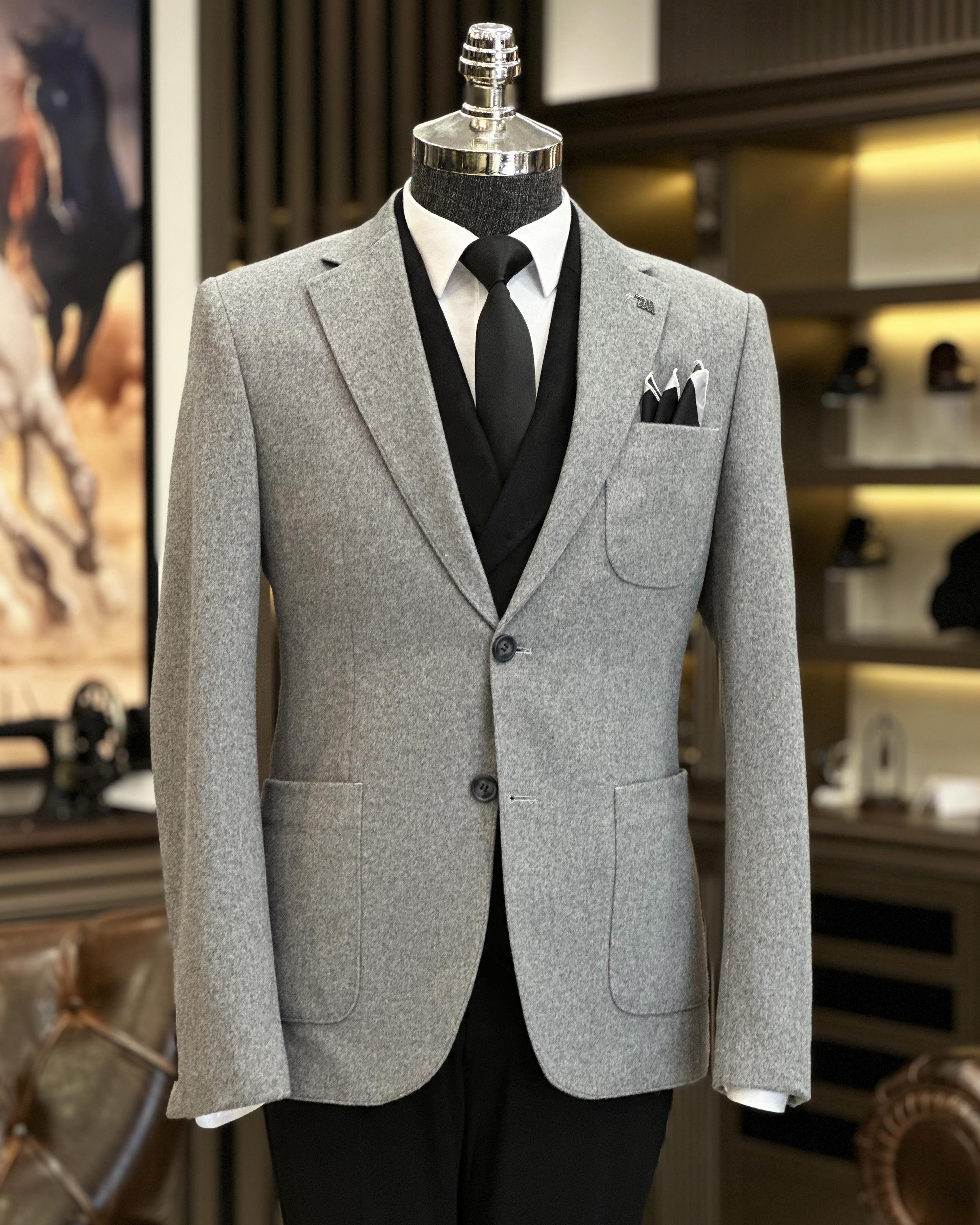 Italian Style Men's Mono Collar Bag Pocket Wool Jacket Gray T8050