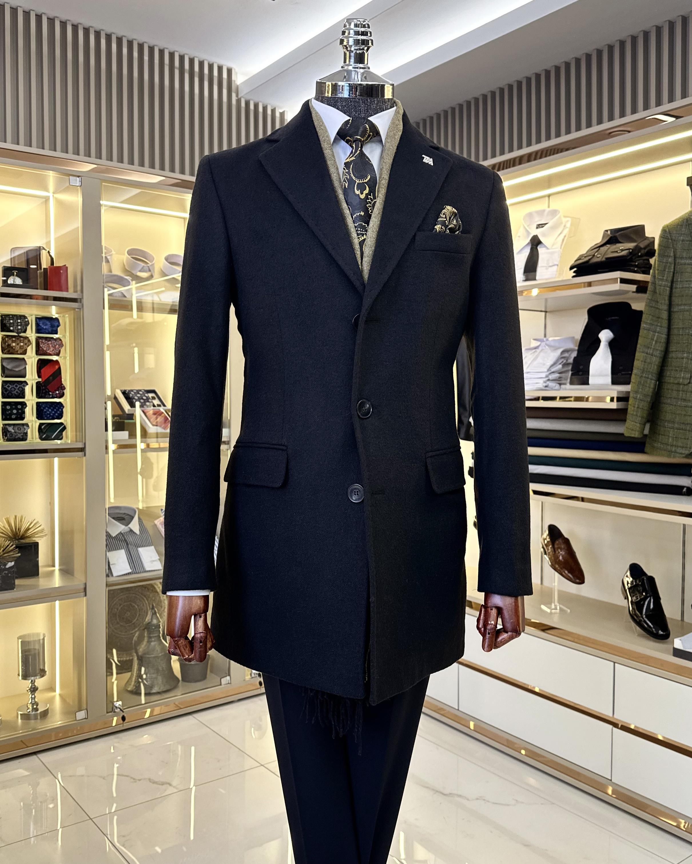Italian style men's mono collar wool coat black T10144