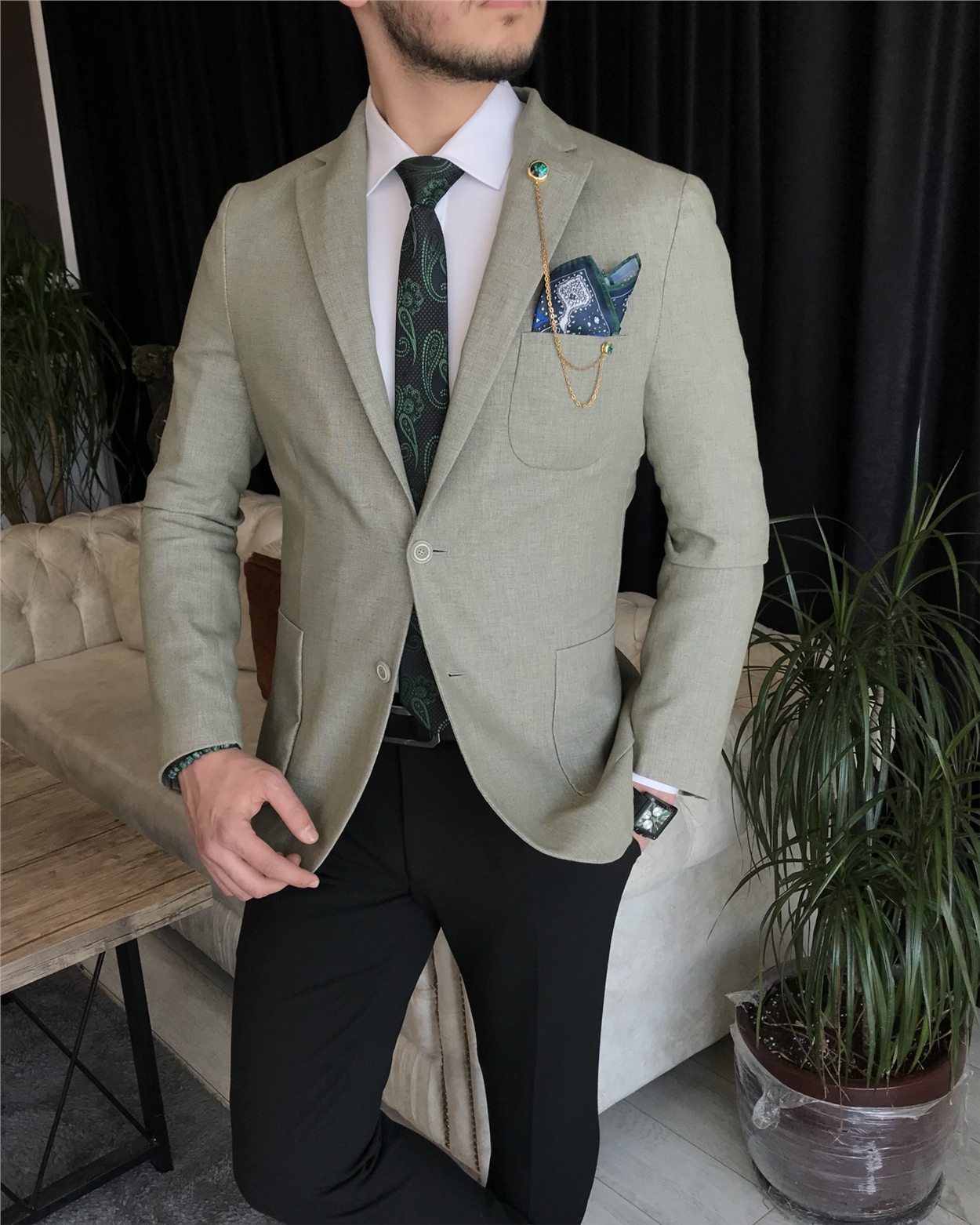 Italian Style Slim Fit Blazer Linen Jacket Khaki T7251
