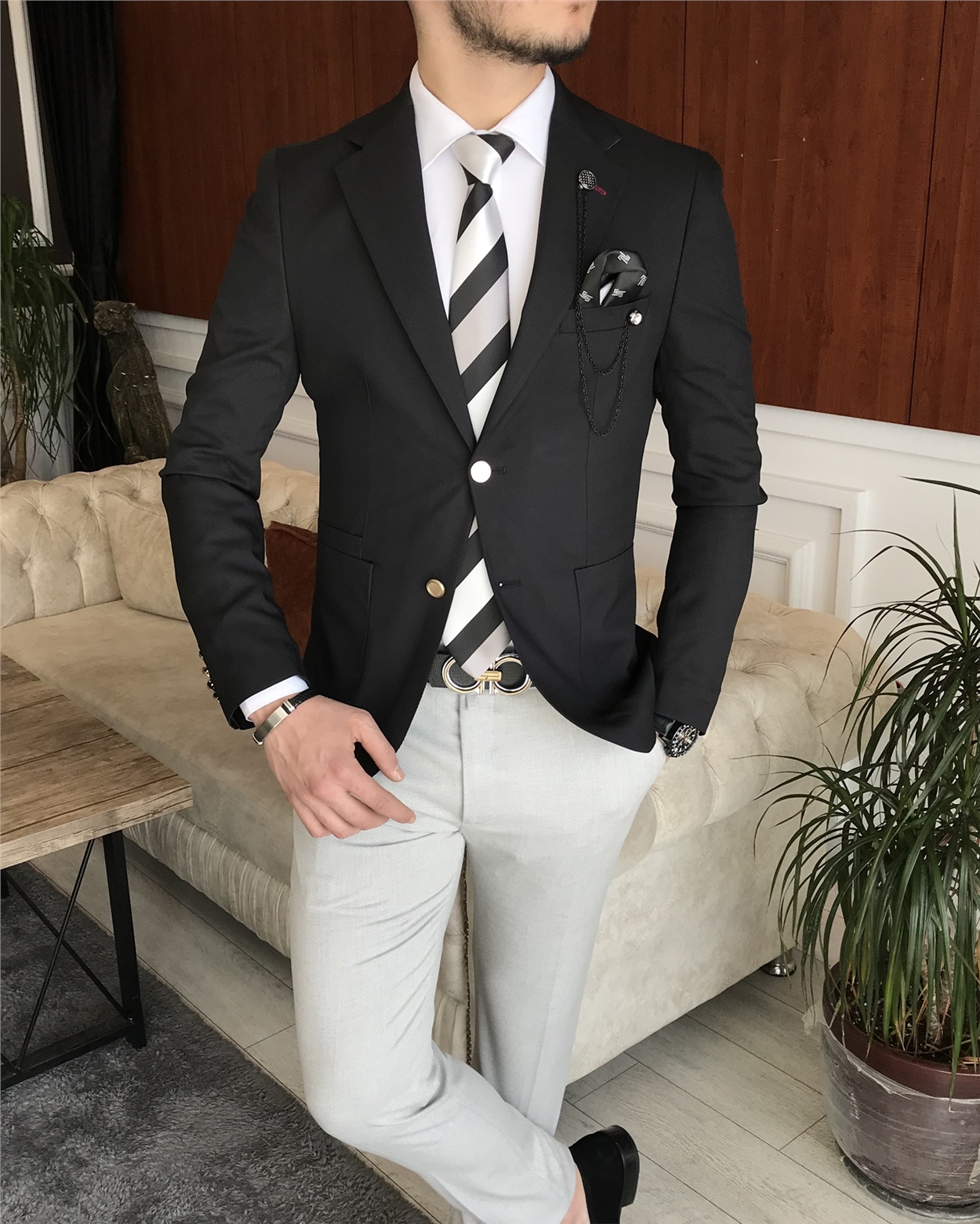 İtalyan stil erkek slim fit blazer tek ceket Siyah T7238