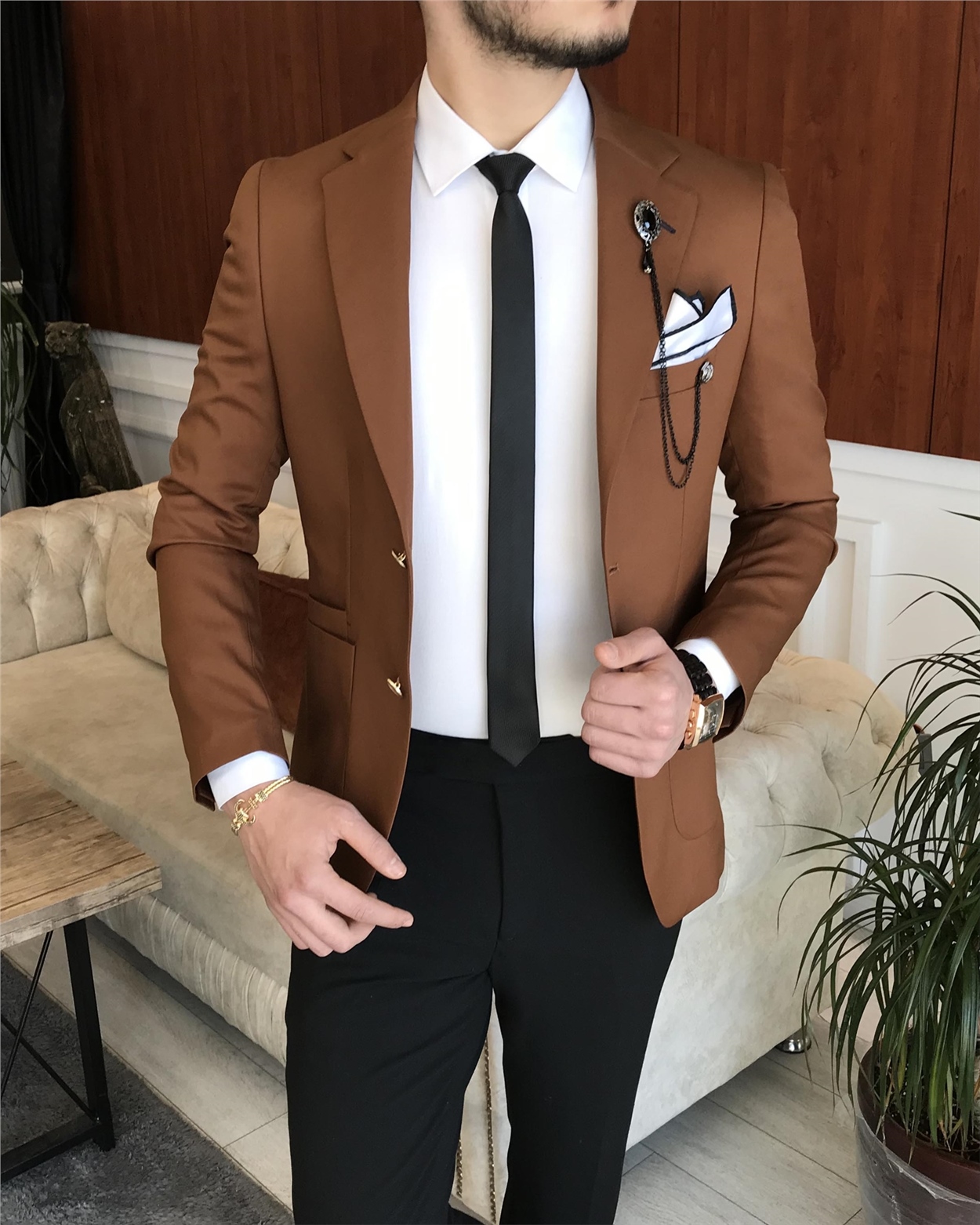 Italian Style Slim Fit Blazer Single Jacket Brown T7232