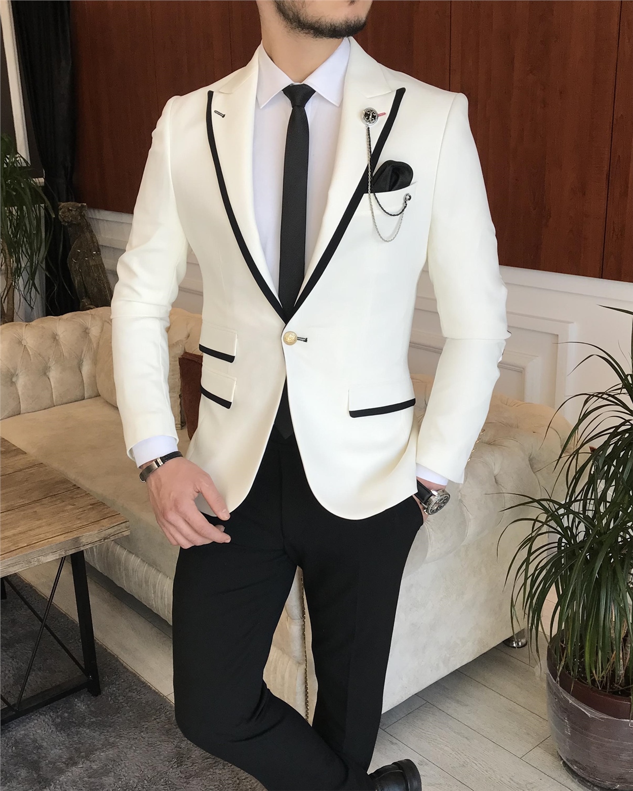 İtalyan stil erkek slim fit blazer tek ceket Kırık Beyaz T7230