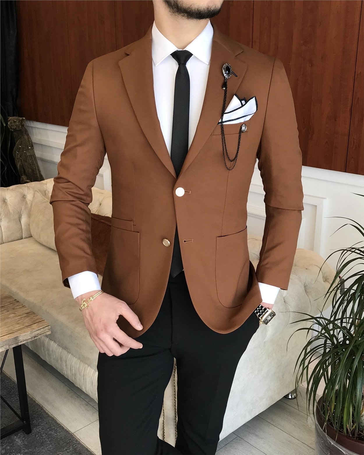 İtalyan stil erkek slim fit blazer tek ceket Kahverengi T7232