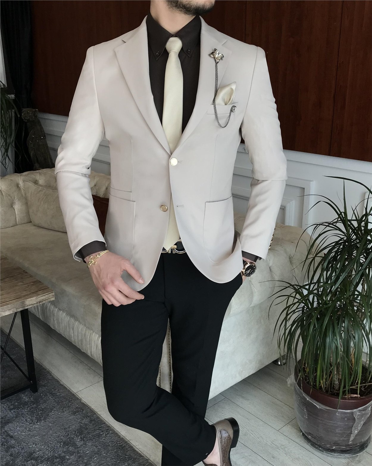 İtalyan stil erkek slim fit blazer tek ceket Krem T7235