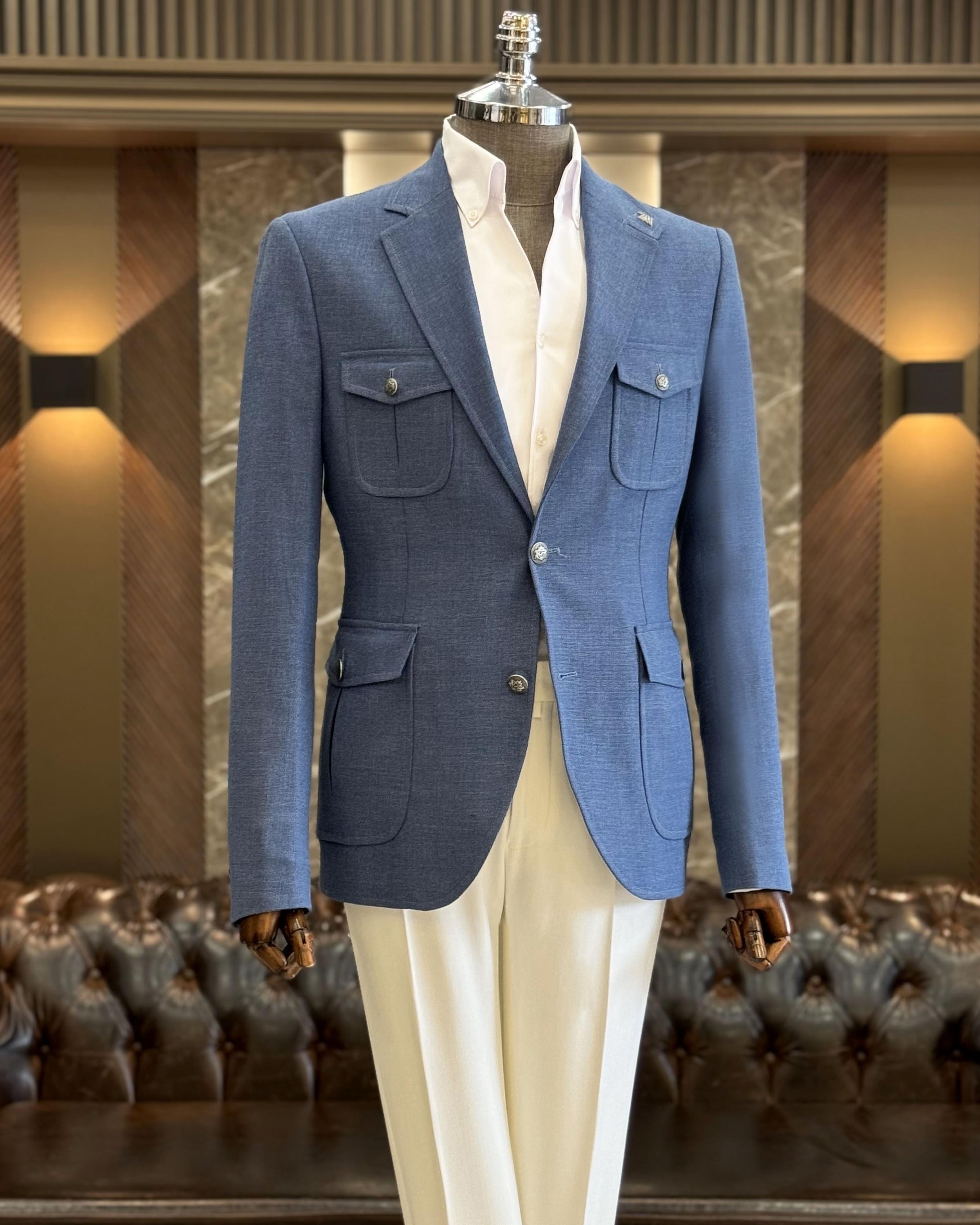 İtalyan stil erkek slim fit keten karışımlı safari ceket mavi T11990